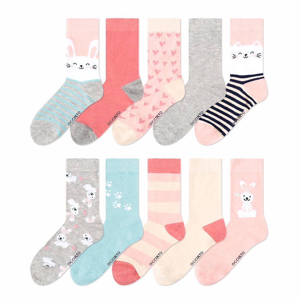 Zehn Paar Socken, rosa Mix. Verschiedene Designs: Hasen, Katzen, Herzen, Pfoten, Streifen. Marke: Occulto.