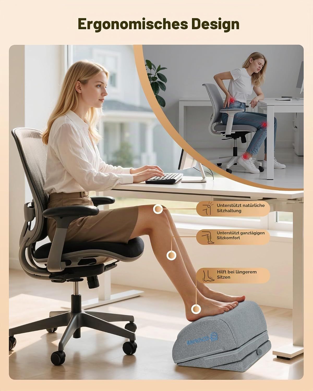 Grauer Fußhocker mit ergonomischem Design, unterstützt natürliche Sitzhaltung.