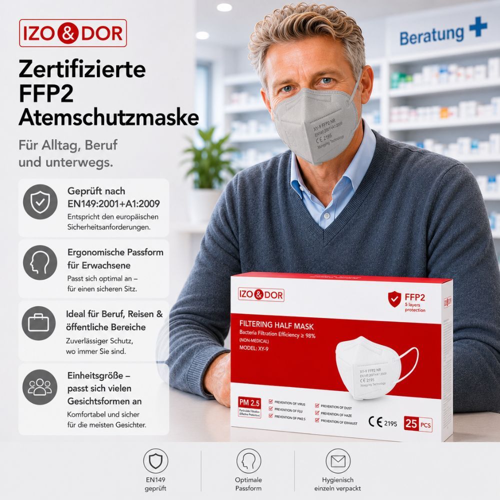 Mann mit FFP2-Maske im Geschäft; Produktmerkmale: CE-zertifiziert, ergonomisch.
