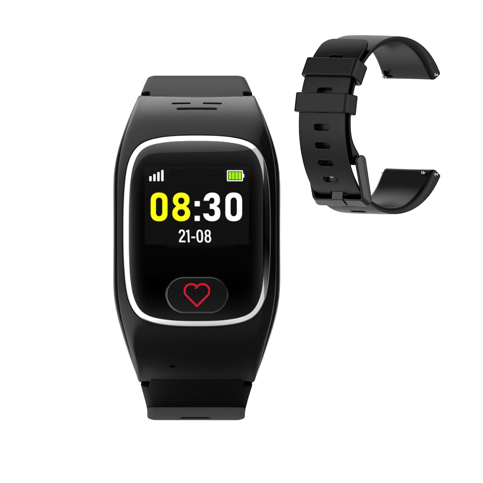 Schwarze Smartwatch mit Zeitanzeige und zusätzlichem Armband.