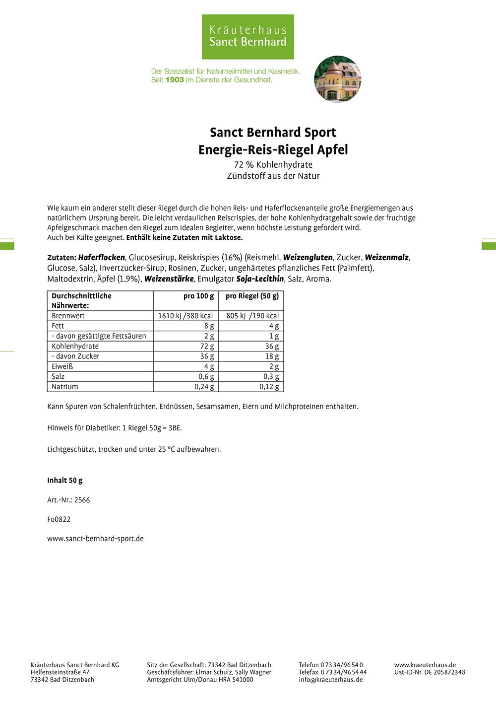 Sanct Bernhard Sport Energie Reis-Riegel Apfel 11er-Pack