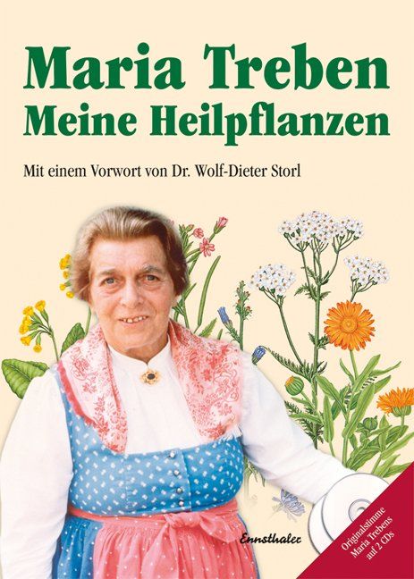 Buchcover: Maria Treben, Meine Heilpflanzen. Frau mit Tracht vor Pflanzen. Mit 2 CDs. Titel und Autor sichtbar.