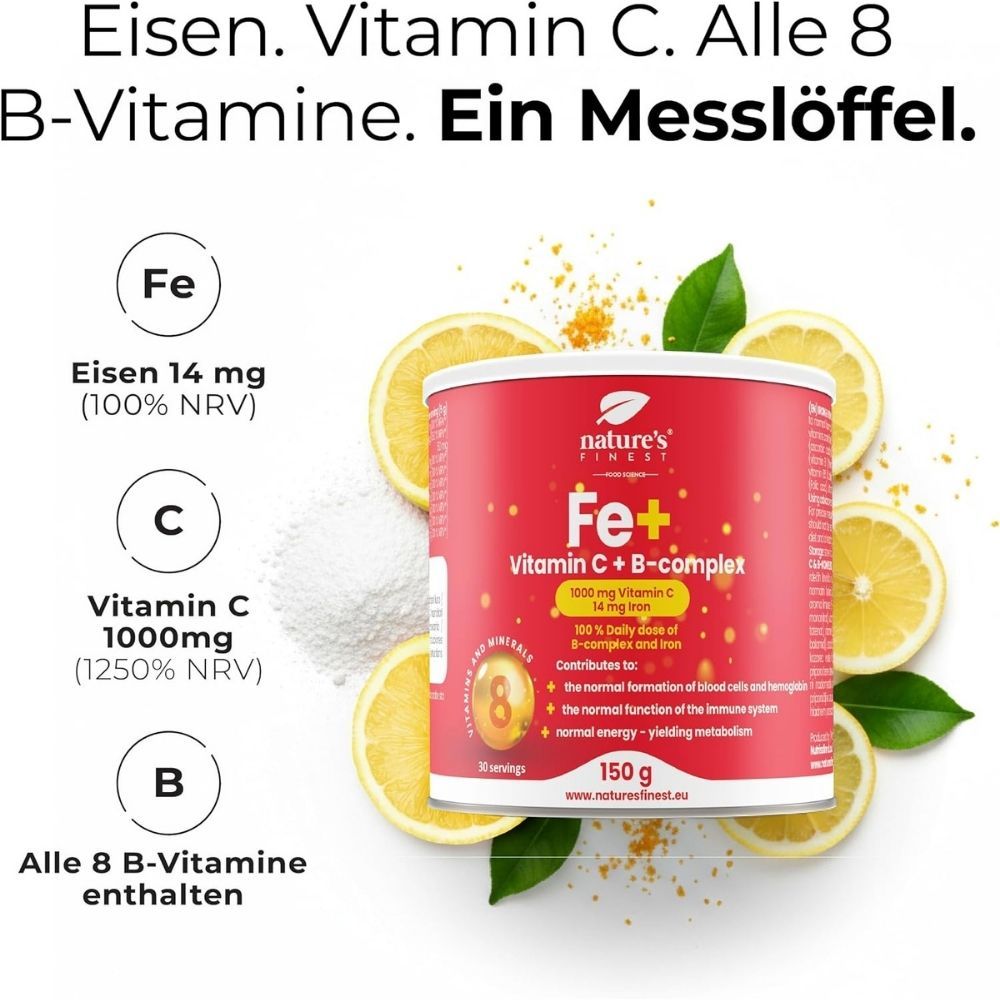 Nature's Finest Dose mit Eisen, Vitamin C und B-Komplex. Enthält 14 mg Eisen und 1000 mg Vitamin C.