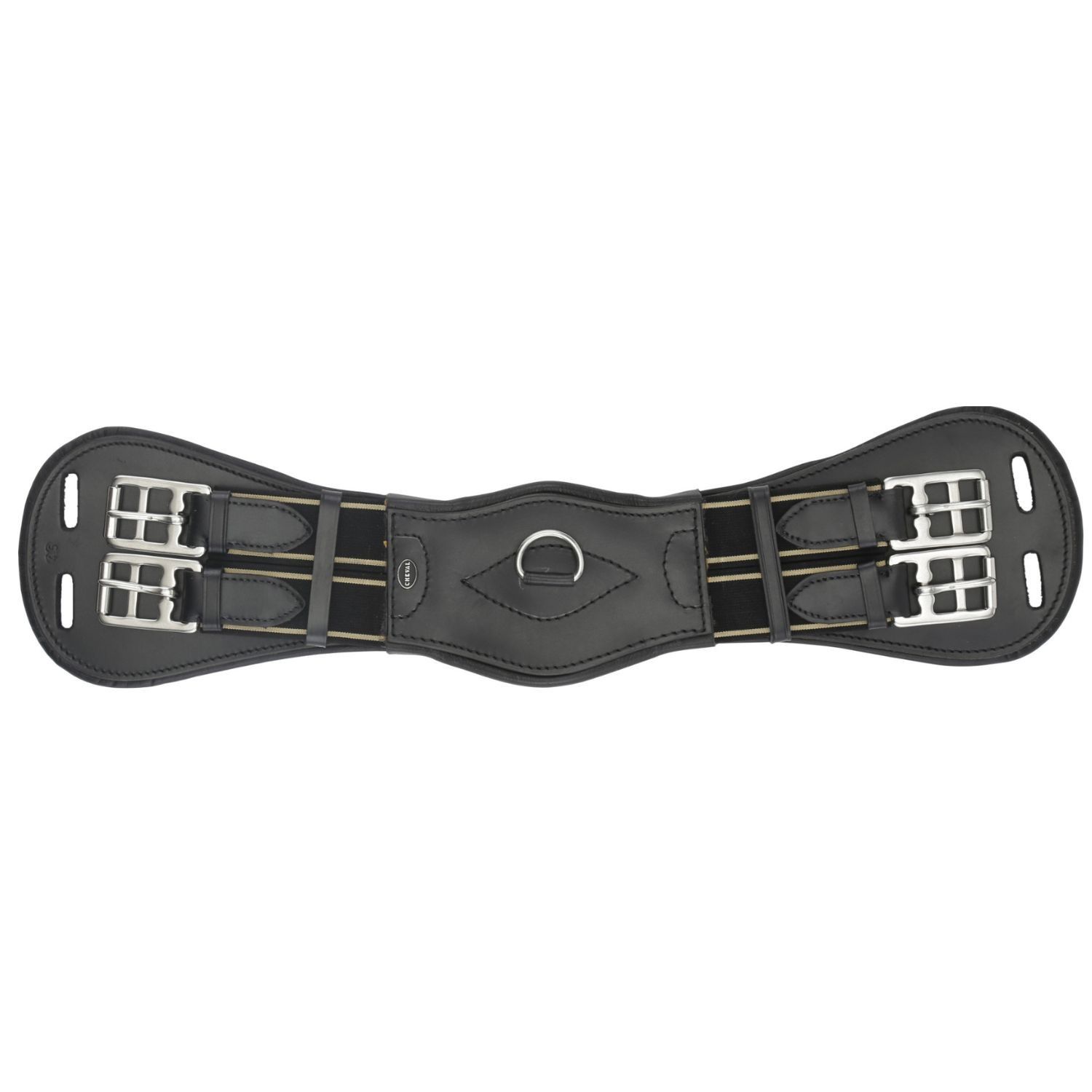 Schwarzer Kurzgurt mit Schnallen und D-Ring. Leder und Metall. Für Pferde.