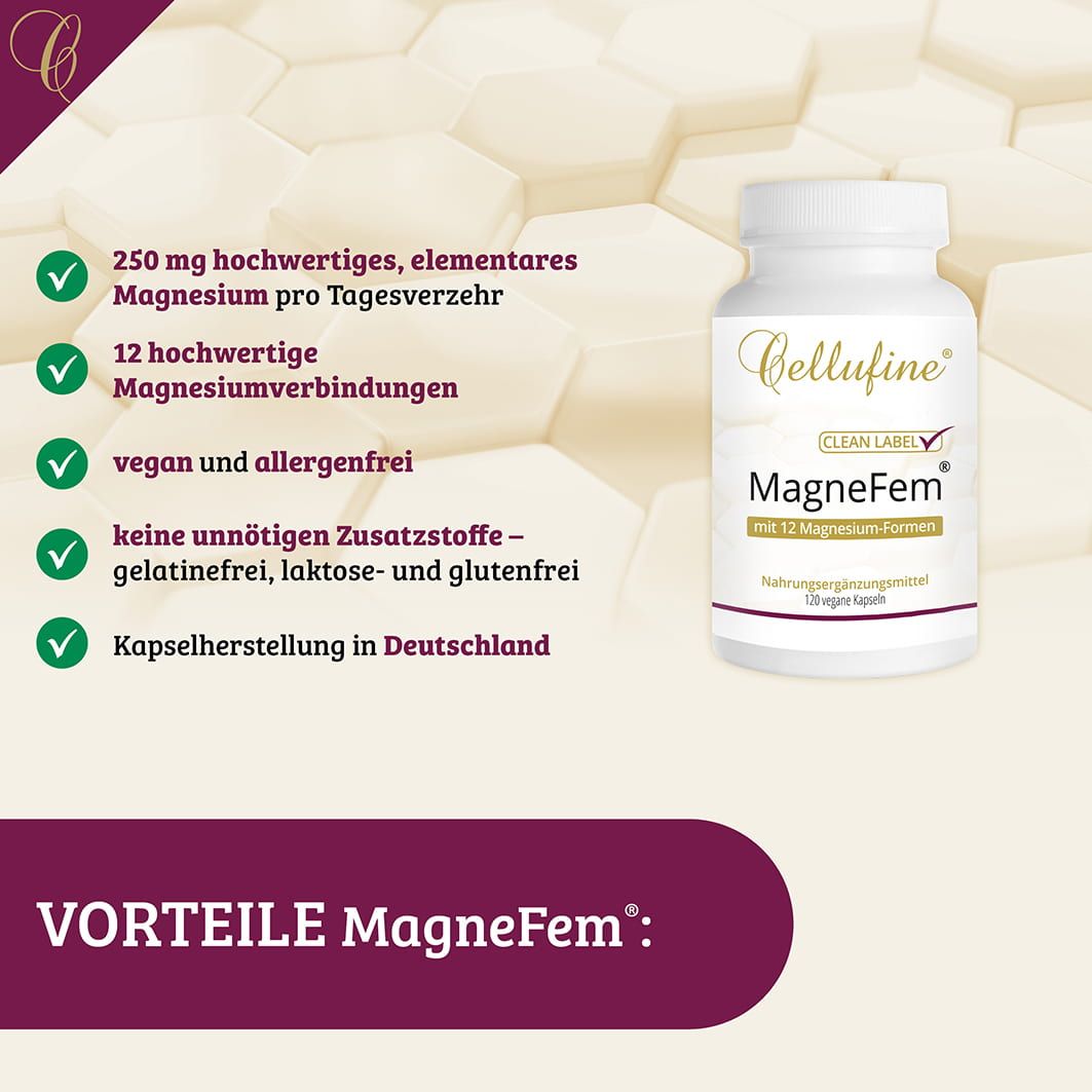 Vorteile von MagneFem. Aufgeführt: 250 mg Magnesium, 12 Magnesiumverbindungen, vegan und allergenfrei, keine unnötigen Zusatzstoffe, Kapselherstellung in Deutschland.