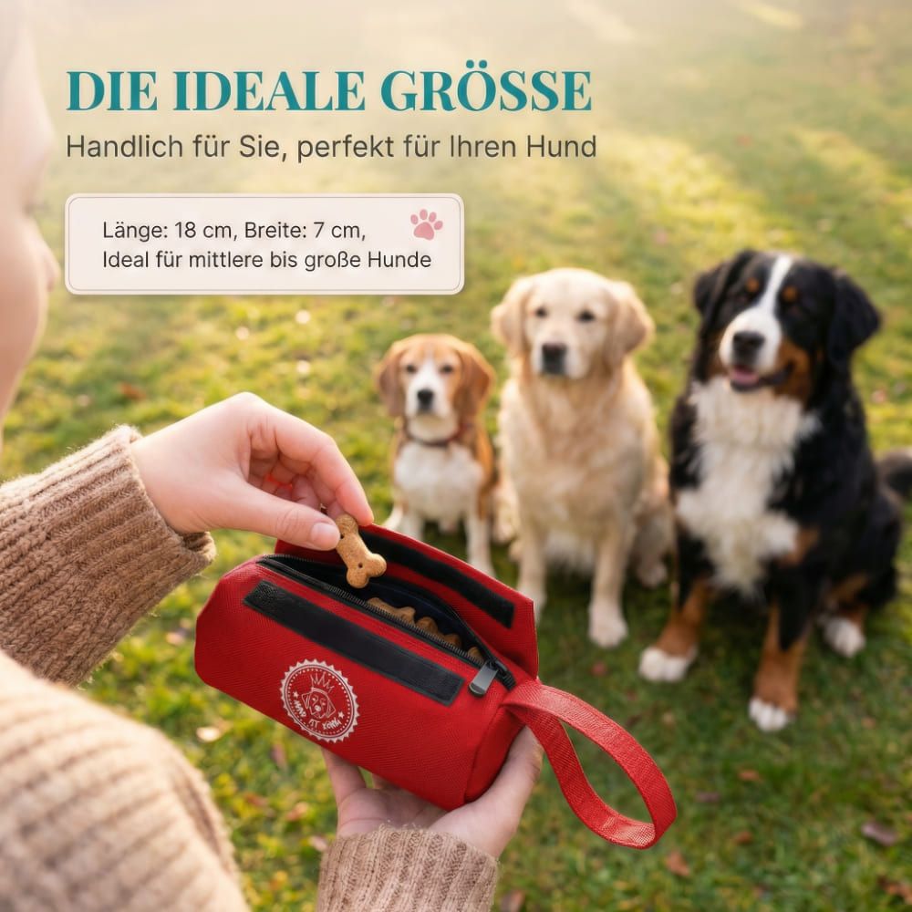 Person hält einen roten Futterbeutel. Hunde im Hintergrund. Text: Länge: 18 cm, Breite: 7 cm. Ideal für mittelgroße bis große Hunde.