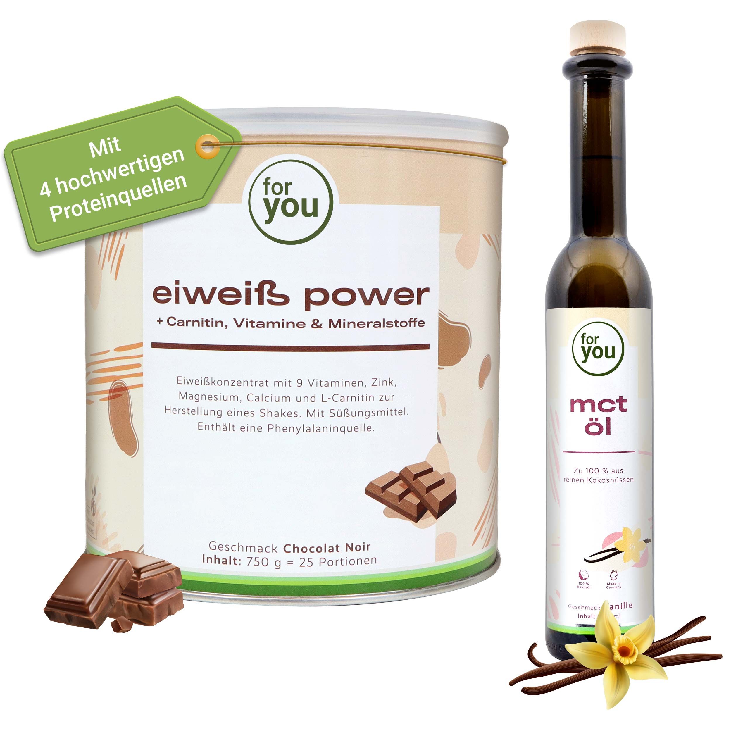 Dose Eiweiß Pulver Schoko + Flasche MCT Öl Vanille von for you.