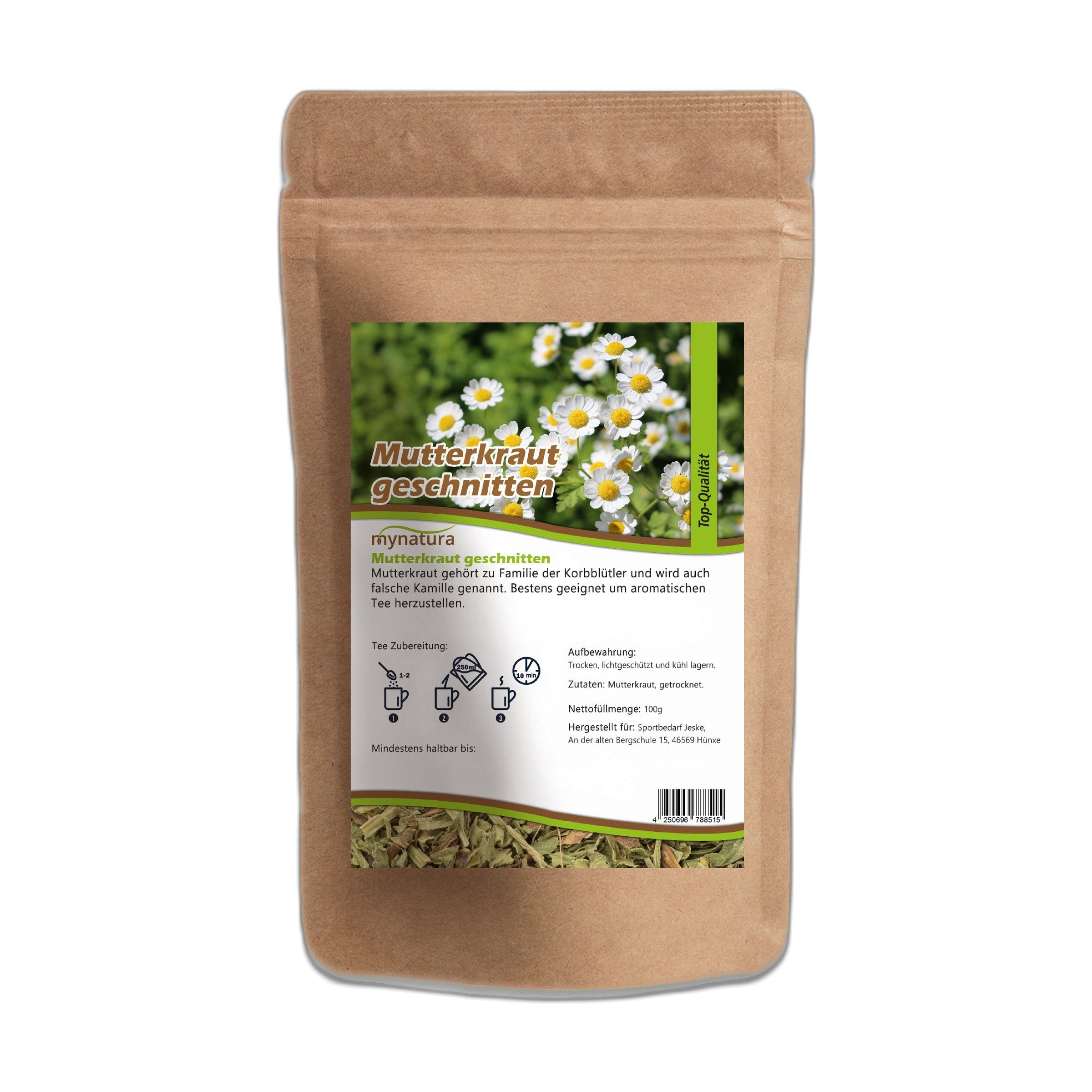 Mynatura Mutterkraut geschnitten: Brauner Beutel mit Kräutern und Kamillenblüten-Abbildung. Enthält 75g.
