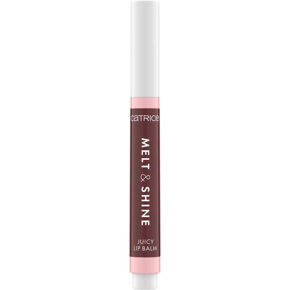 Lippenbalsam in Stiftform. Rosa-farbener Stift mit braunem Balsam. Aufschrift: CATRICE, MELT & SHINE, JUICY LIP BALM.