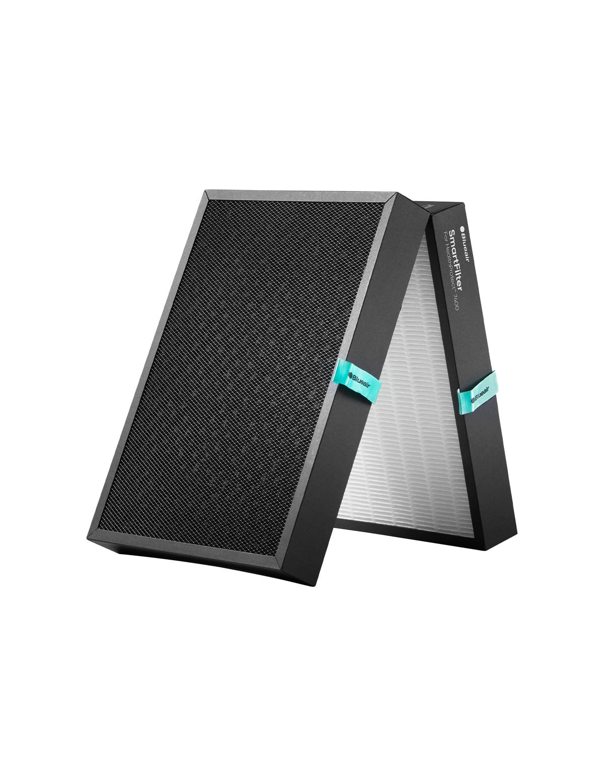 Ersatzfilter, schwarz, mit blauem Band. Geöffnet, zeigt Filterstruktur. Marke Blueair, SmartFilter für HealthProtect 7400 Serie.