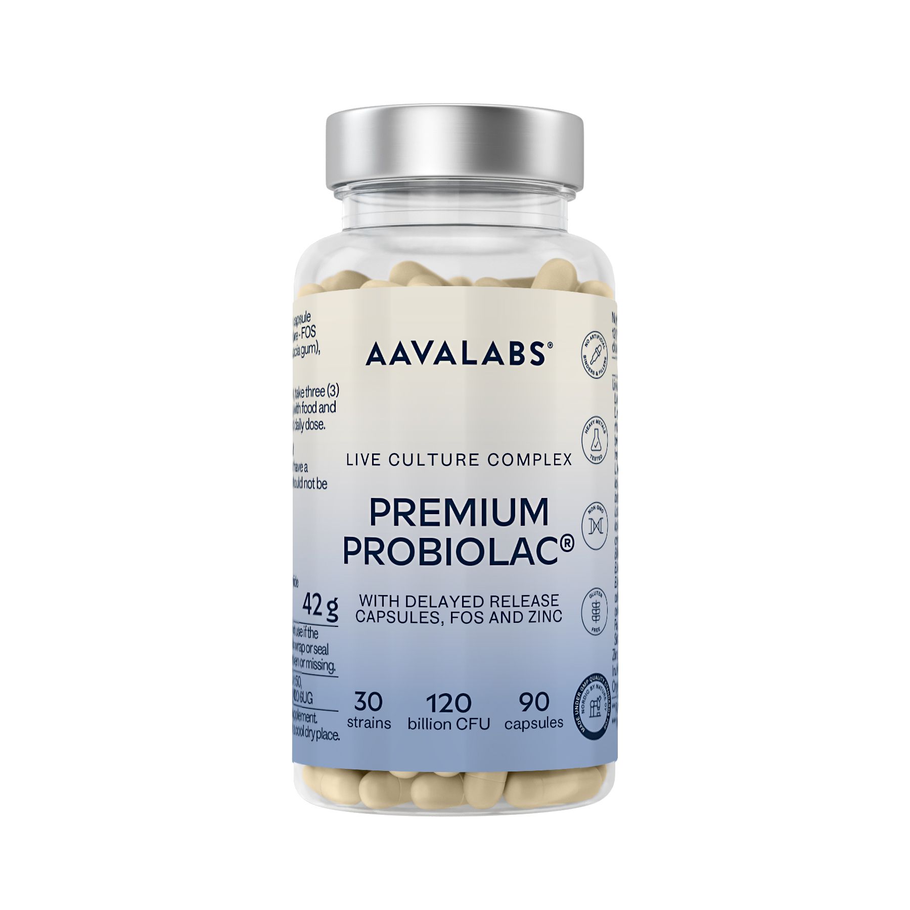 Flasche mit AAVALABS Premium Probiolac Kapseln, 90 Stück.