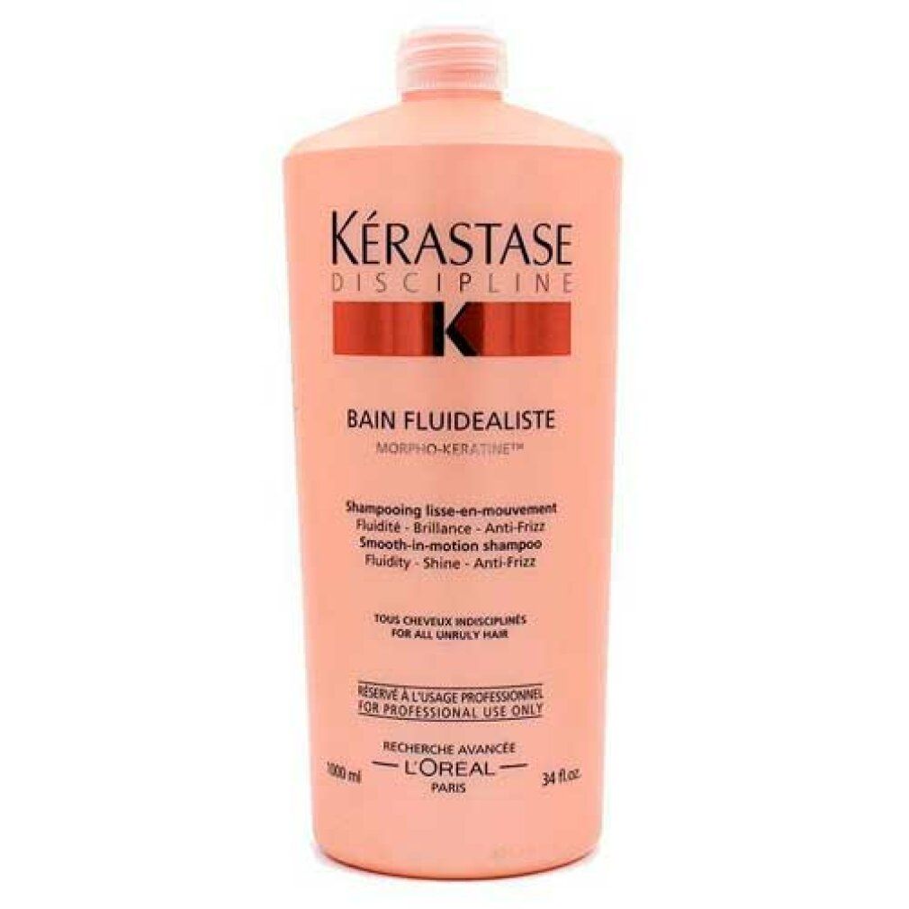 Rosa Shampoo-Flasche mit Kérastase-Logo und Schriftzug Bain Fluidealiste. Text: Smooth-in-motion shampoo, für alle Haartypen.