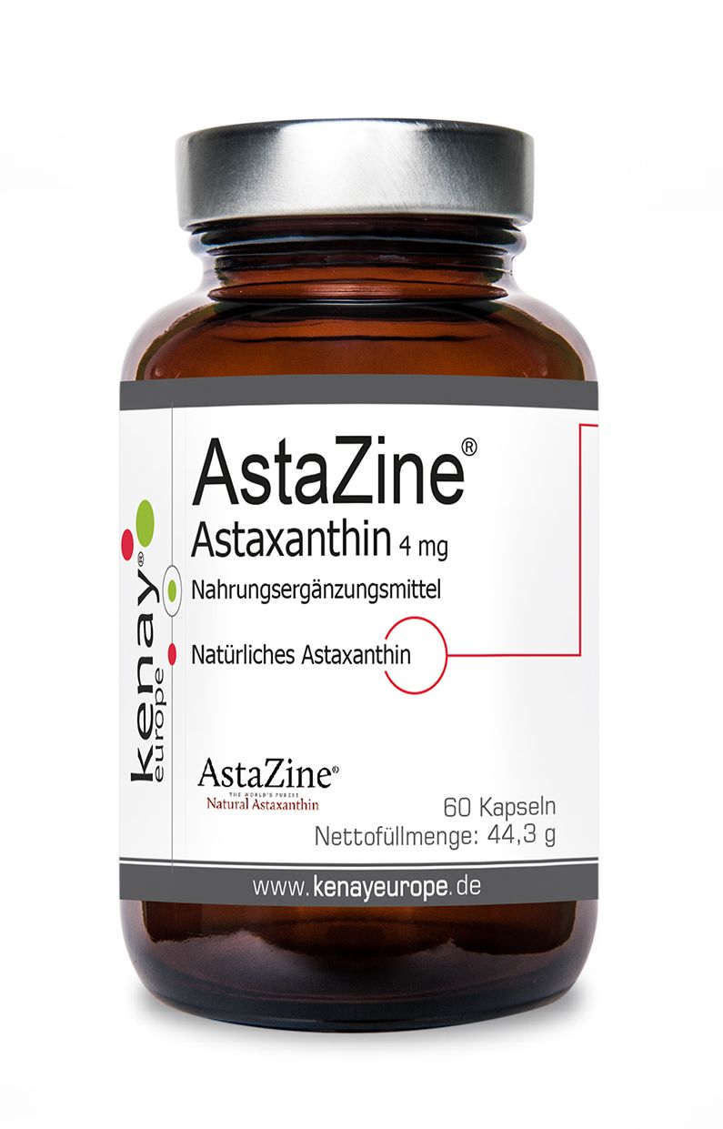 Braune Glasflasche mit Etikett: AstaZine Astaxanthin 4 mg, 60 Kapseln. Natürliches Astaxanthin. Marke KENAY.