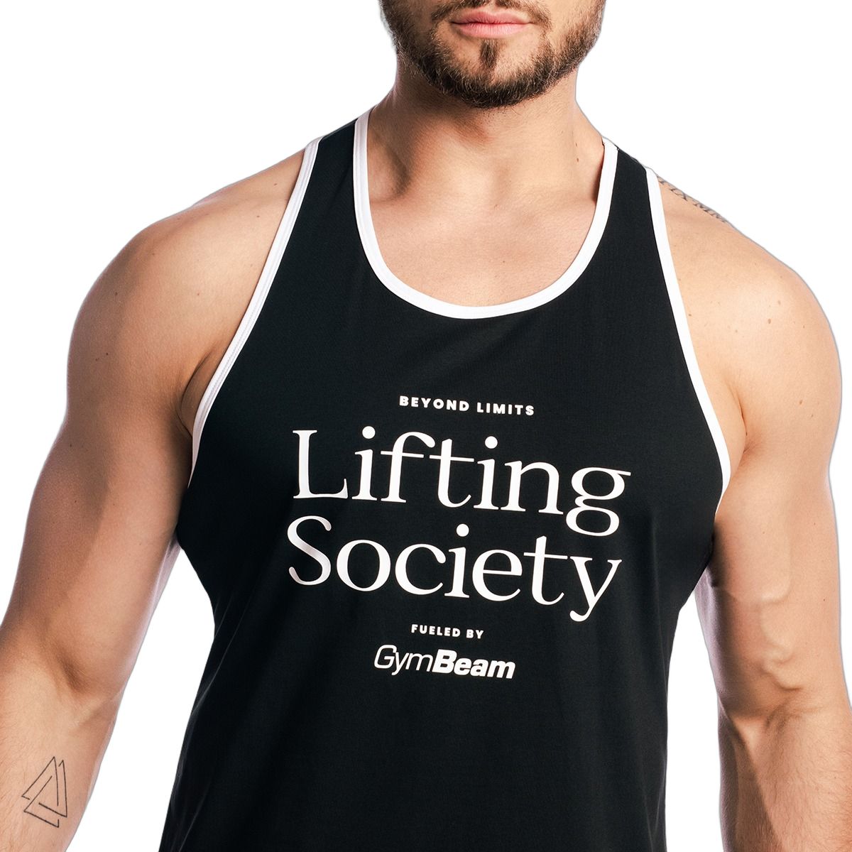 Schwarzes Herren-Tanktop mit weißem Rand und "Lifting Society"-Aufdruck.