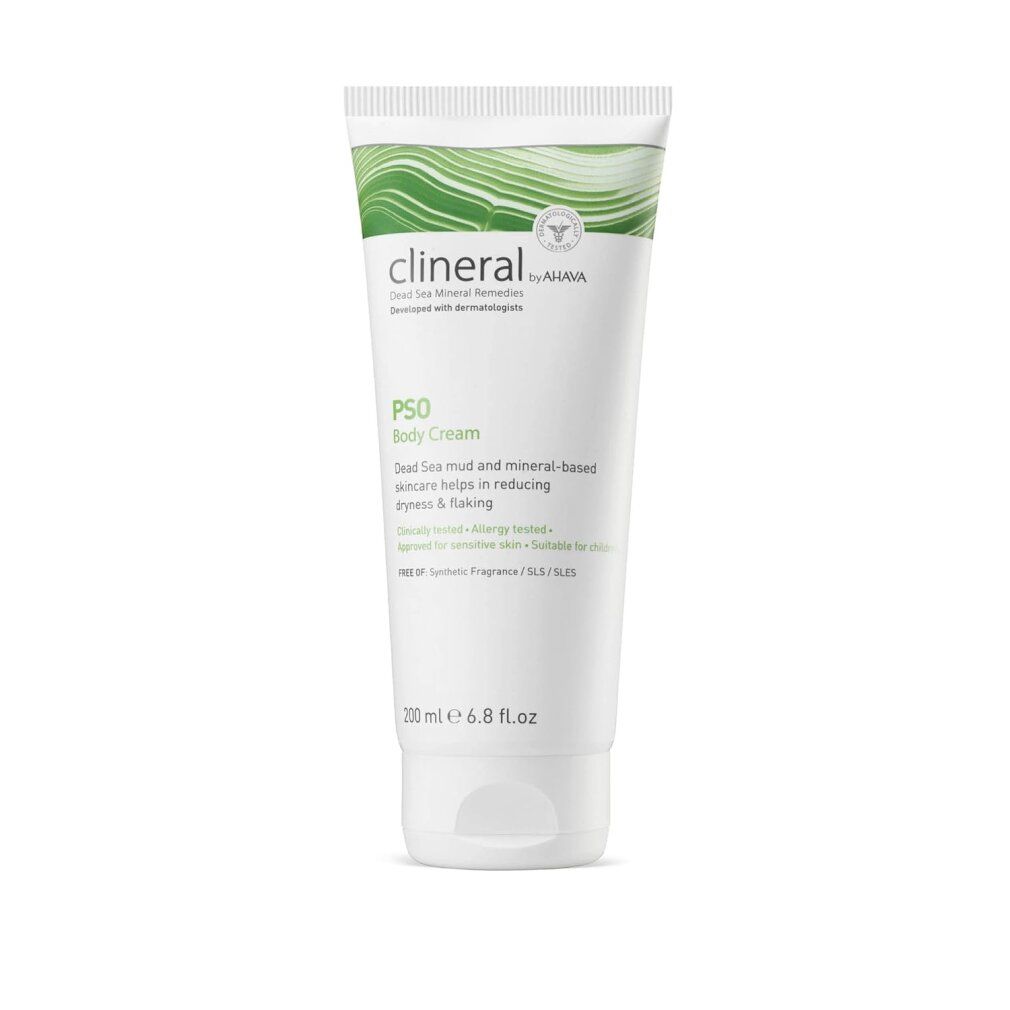 Clineral PSO Body Cream Tube. Weißer Schlauch mit grünen Akzenten, 200 ml.