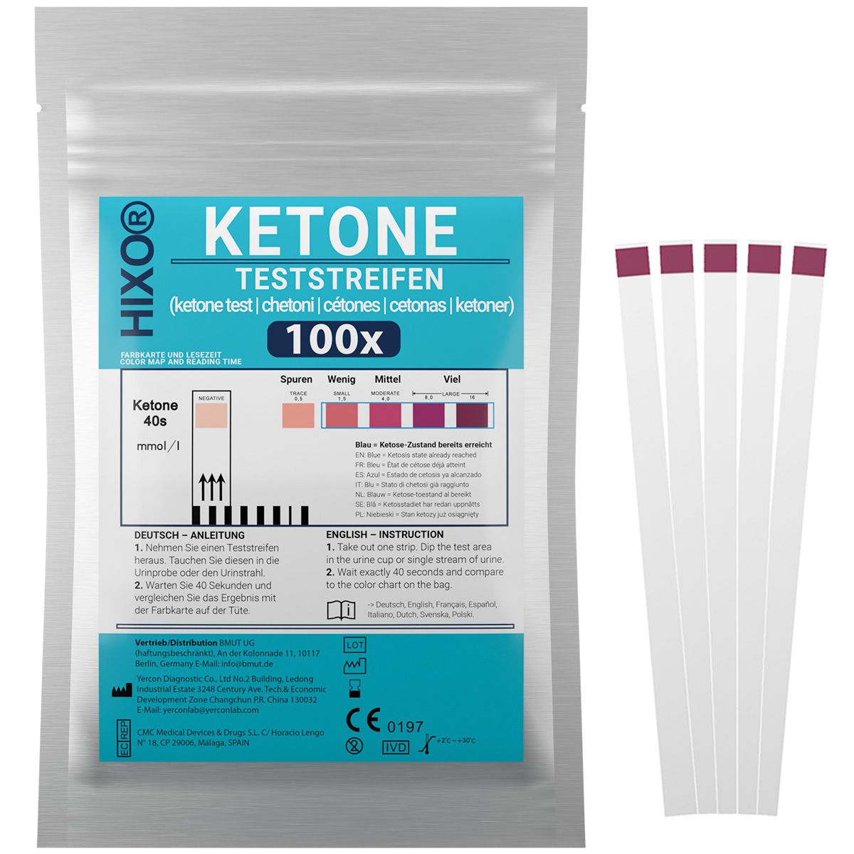 Beutel mit HIXO Ketose Teststreifen und Teststreifen. Aufdruck: KETONE TESTSTREIFEN 100x. Farbvergleichstabelle.