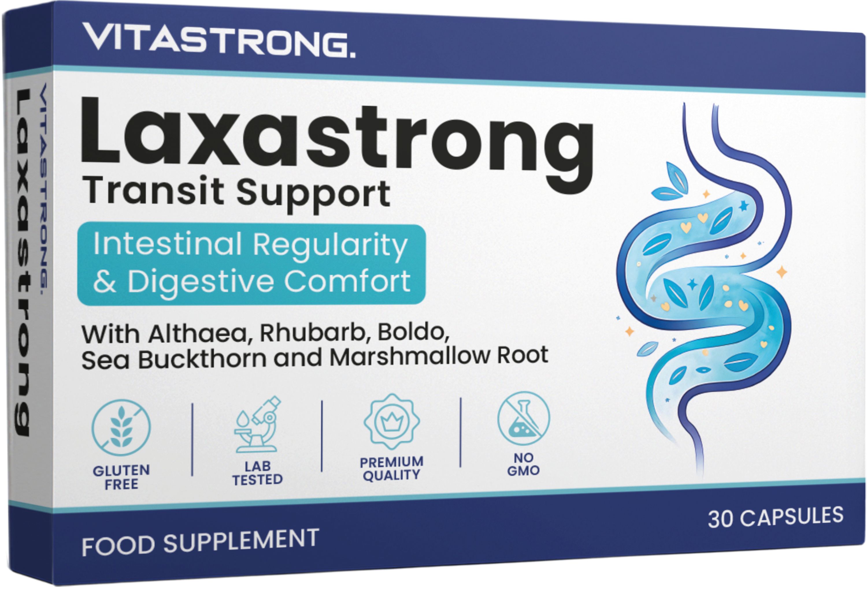 Vitastrong Laxastrong Verpackung mit 30 Kapseln, für Darmregelmäßigkeit und Verdauungswohlbefinden.