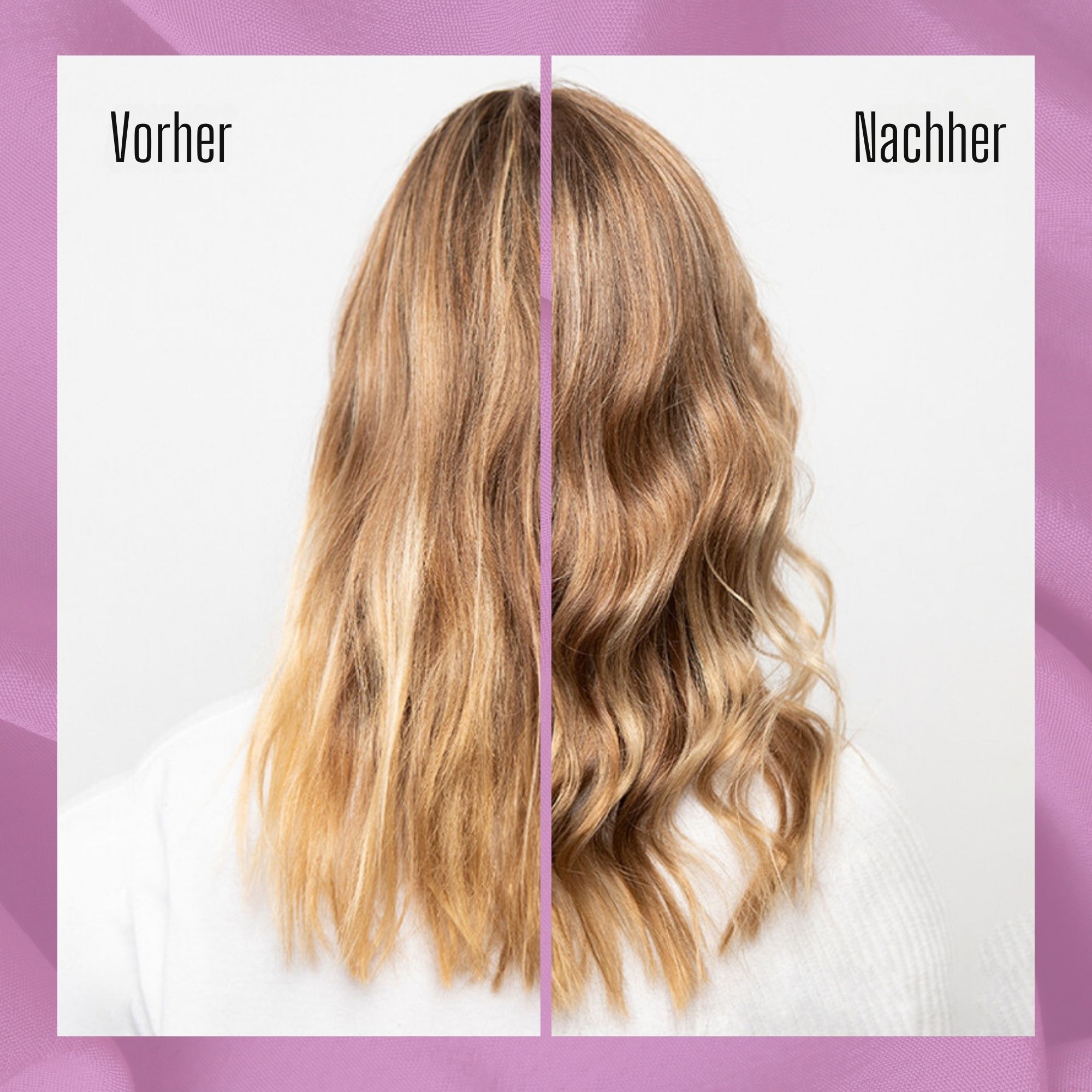 Vorher-Nachher-Vergleich. Blondes Haar, links vor der Behandlung, rechts nach der Behandlung.