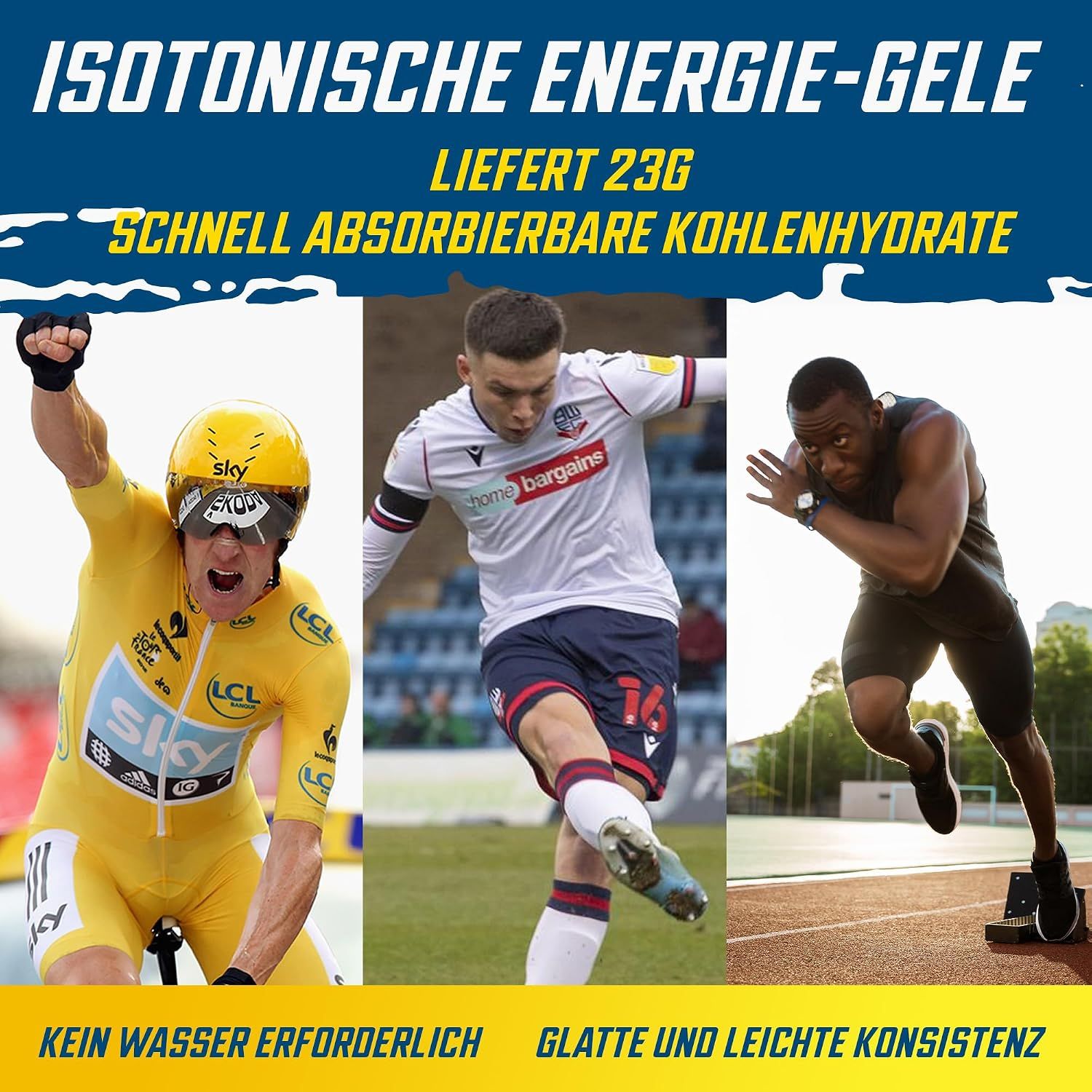 Collage von Sportlern: Radfahrer, Fußballspieler, Sprinter.