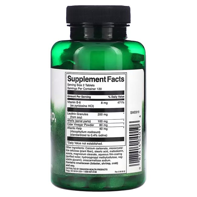 Rückseite der grünen Flasche. Weißes Etikett mit Nährwertangaben und Inhaltsstoffen. Marke SWANSON.