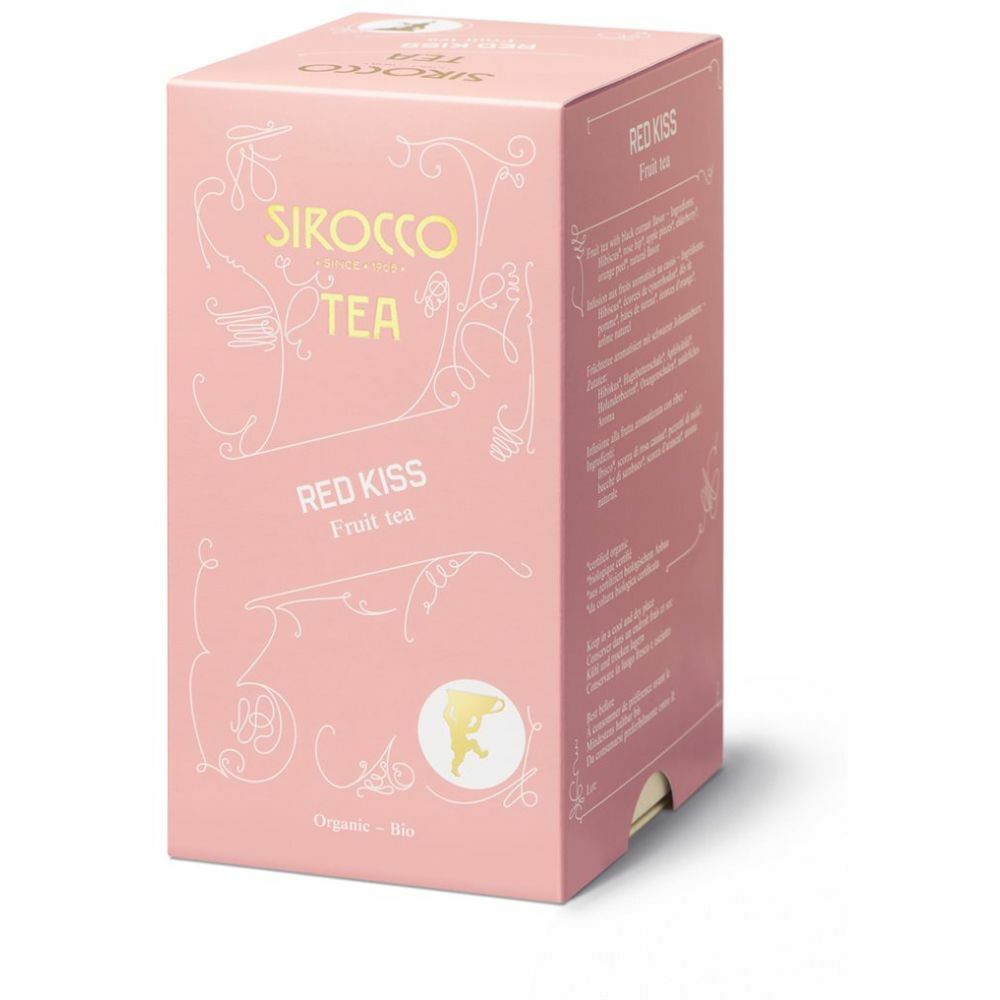 Rosa Schachtel mit "Sirocco Tea Red Kiss". Organisch-Bio-Logo. Goldene Schrift.