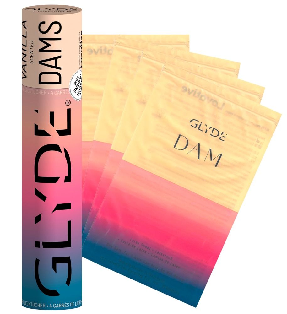 Zylinderförmige Verpackung und vier einzeln verpackte Latex-Tücher. Aufdruck: GLYDE DAMS, VANILLA, Duft.