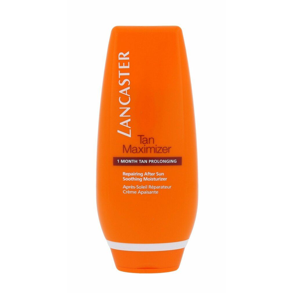 Orangefarbene Tube. Aufschrift: Lancaster, Tan Maximizer, 1 Month Tan Prolonging, Repairing After Sun Soothing Moisturizer.