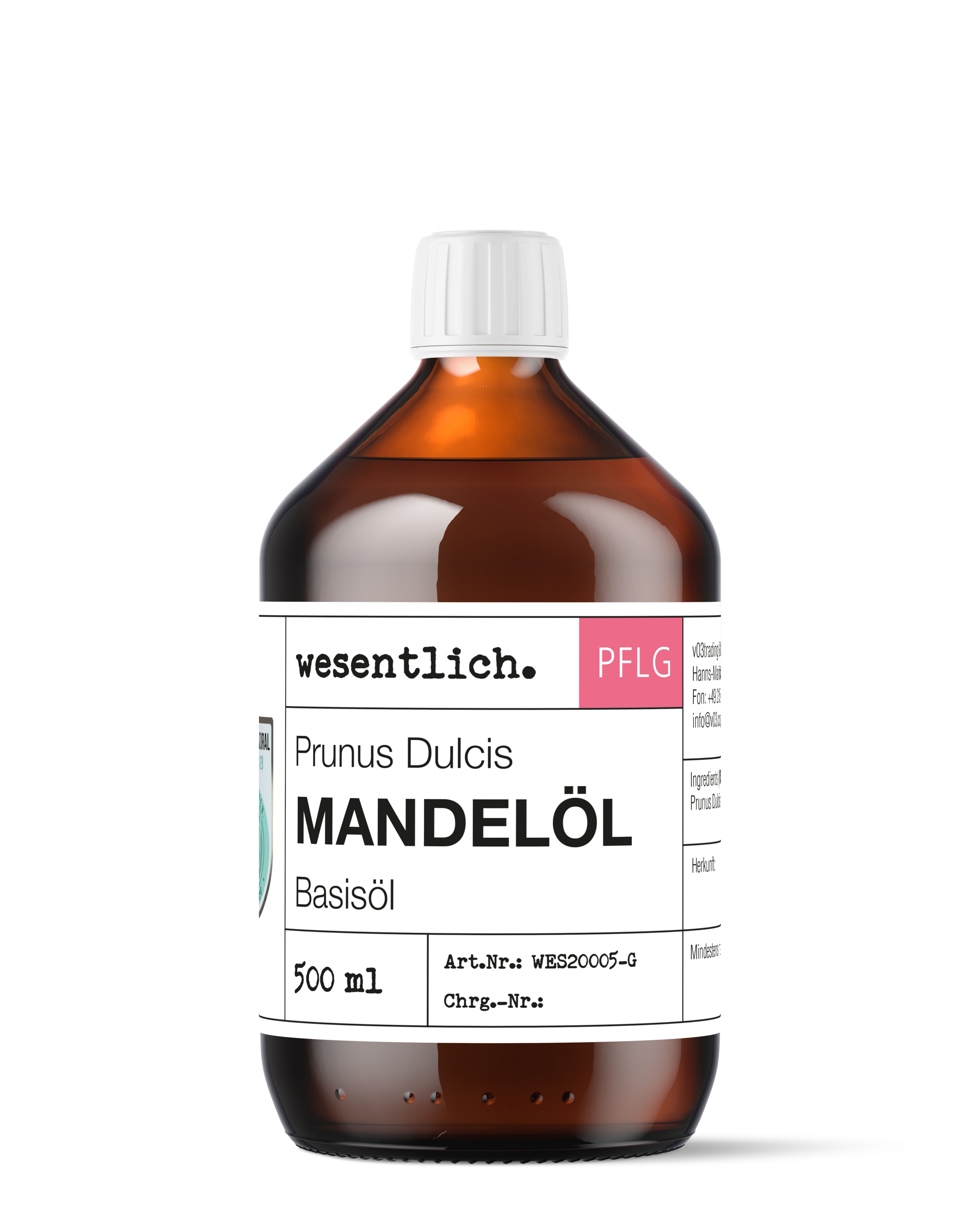 Braunglasflasche mit weißem Schraubverschluss, Etikett zeigt "Mandelöl Basisöl 500 ml".