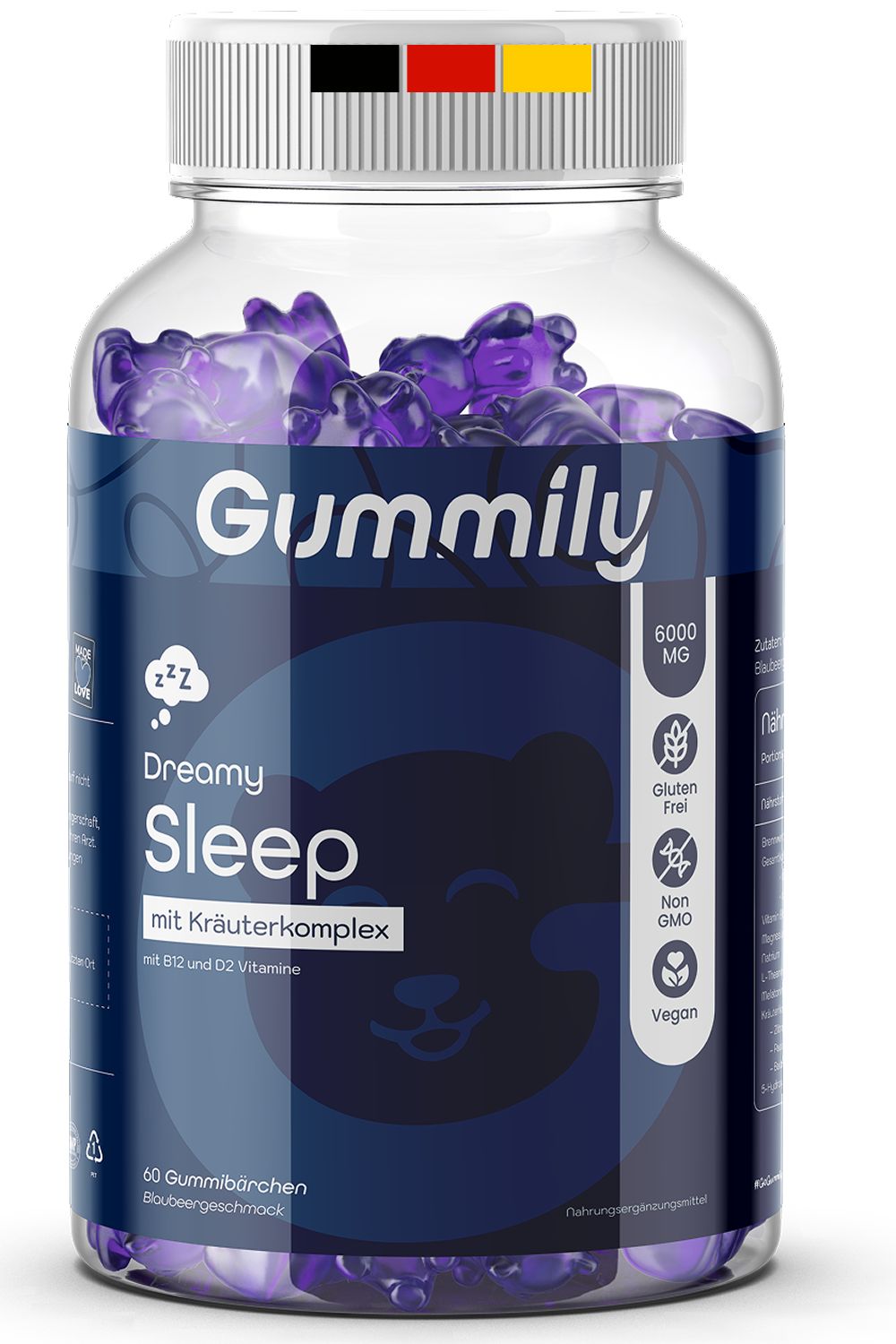 Gummily Schlaf Melatonin Gummibärchen in einer transparenten Flasche. 60 Gummibärchen, vegan, glutenfrei, ohne Gentechnik.