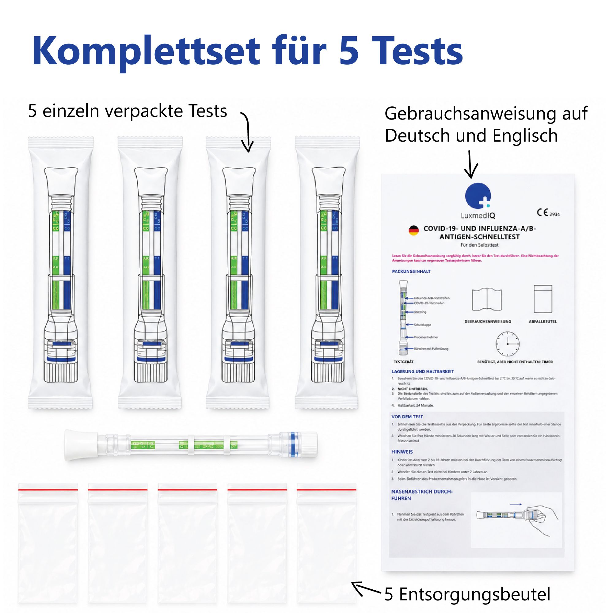 Komplettset für 5 Tests. Einzeln verpackte Teststäbe, Gebrauchsanweisung, Entsorgungsbeutel. Text: Gebrauchsanweisung auf Deutsch und Englisch.