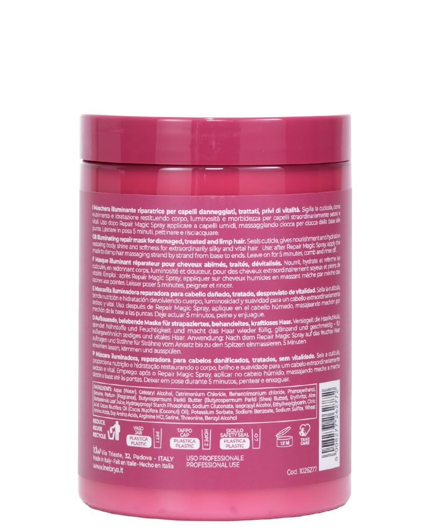Rückseite eines großen Behälters mit Haarkur-Informationen, 500ml.