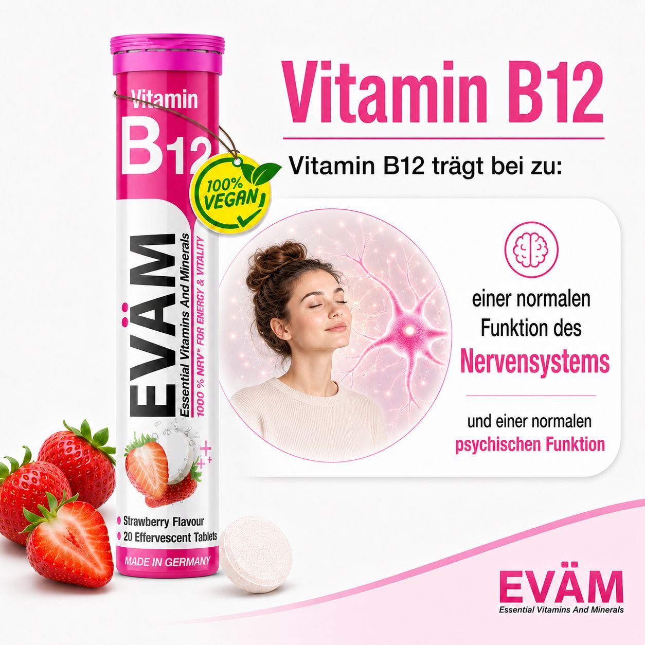 EVÄM Vitamin B12 Brausetabletten: Unterstützt Nerven- und psychische Funktion. Mit Erdbeeren und 100% vegan Siegel.