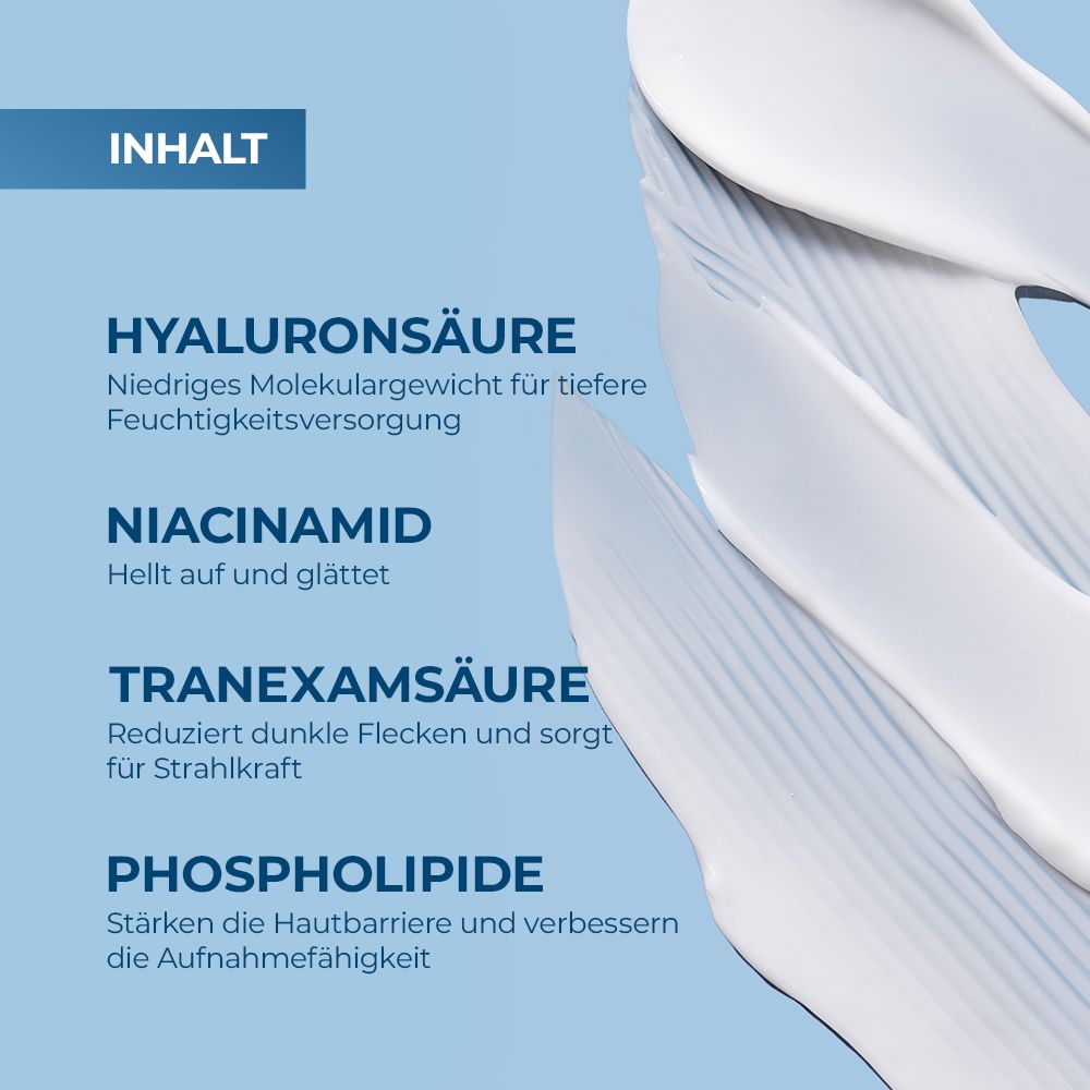 Nahaufnahme von Creme-Texturen. Text: Hyaluronsäure, Niacinamid, Tranexamsäure, Phospholipide. Inhaltsstoffe für die Haut.