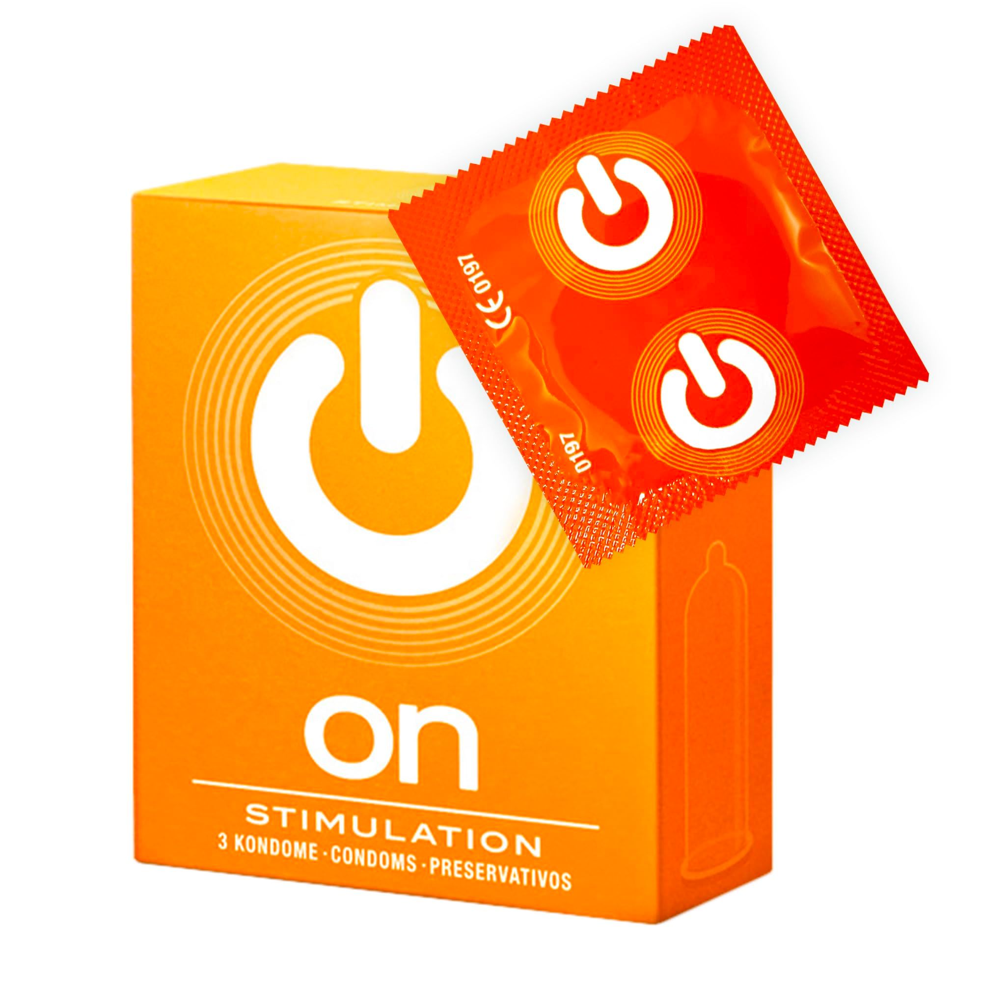 Orange Packung mit 3 ON Kondomen, zwei einzeln verpackte Kondome daneben.