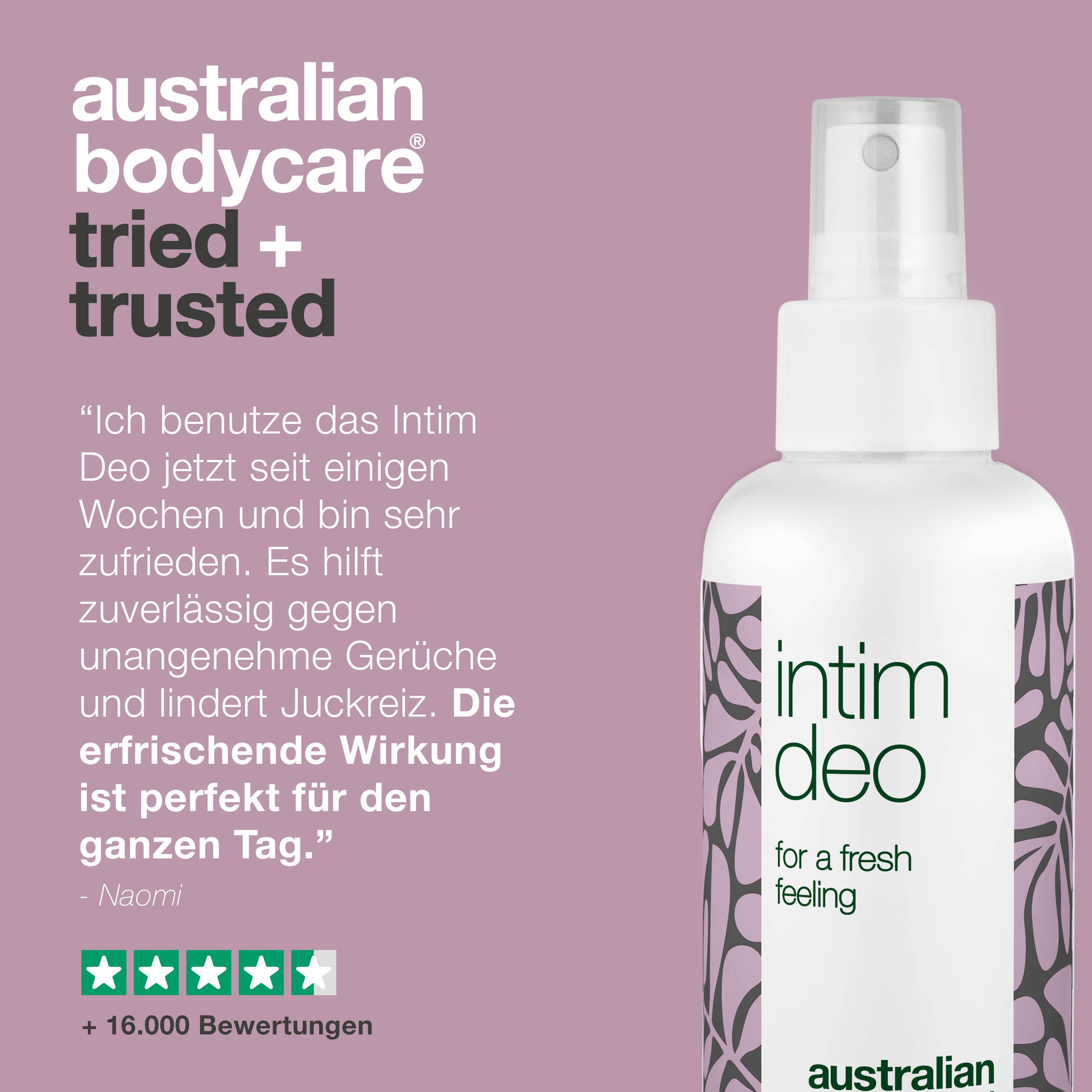 Produkt- und Problem-Lösung-Anzeige. Intimdeo-Spray. Text: Ich benutze das Intim Deo jetzt seit einigen Wochen.