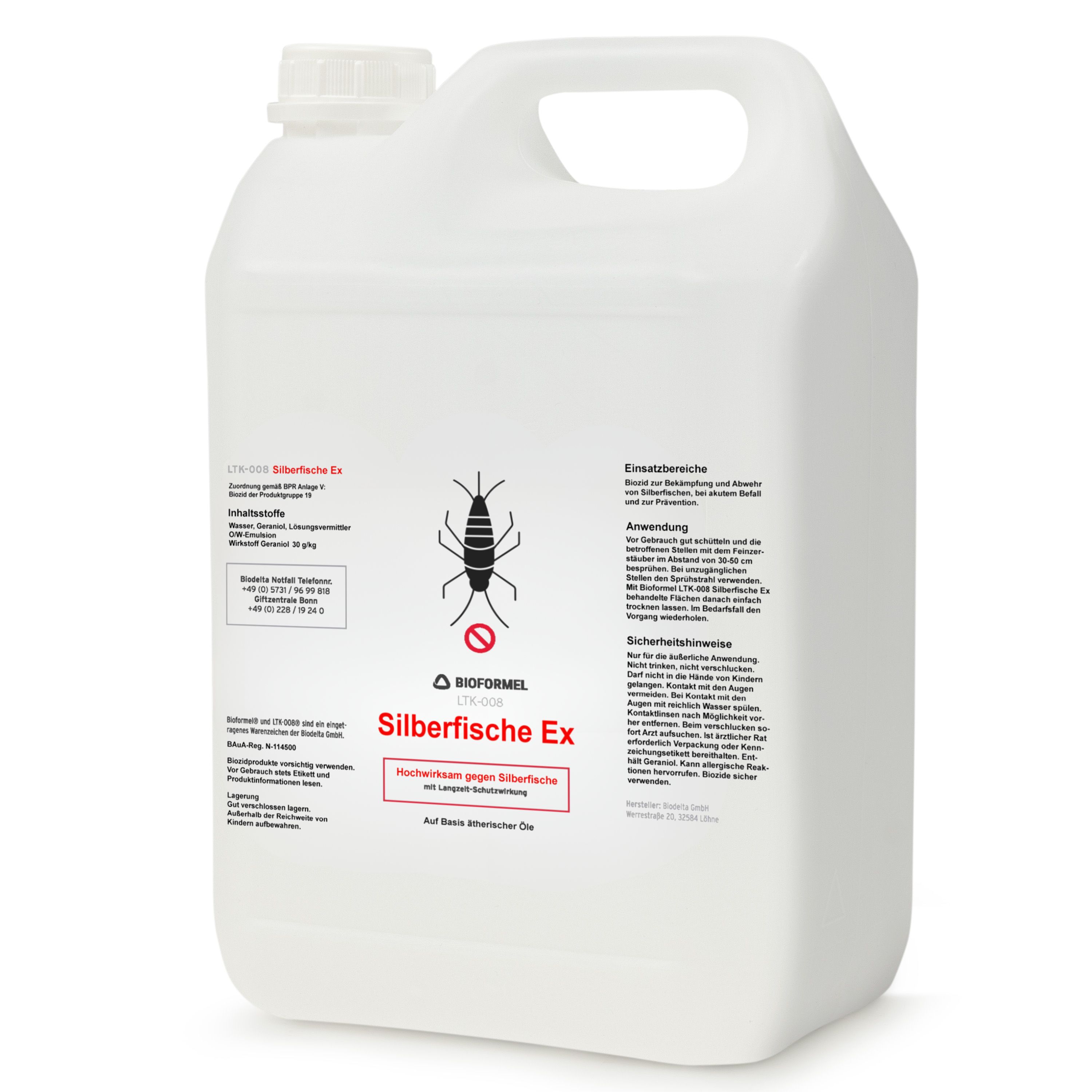 Weißer Kanister mit Etikett. Auf dem Etikett steht: Silberfische Ex. Grafiken von Silberfischen. Anwendungshinweise.