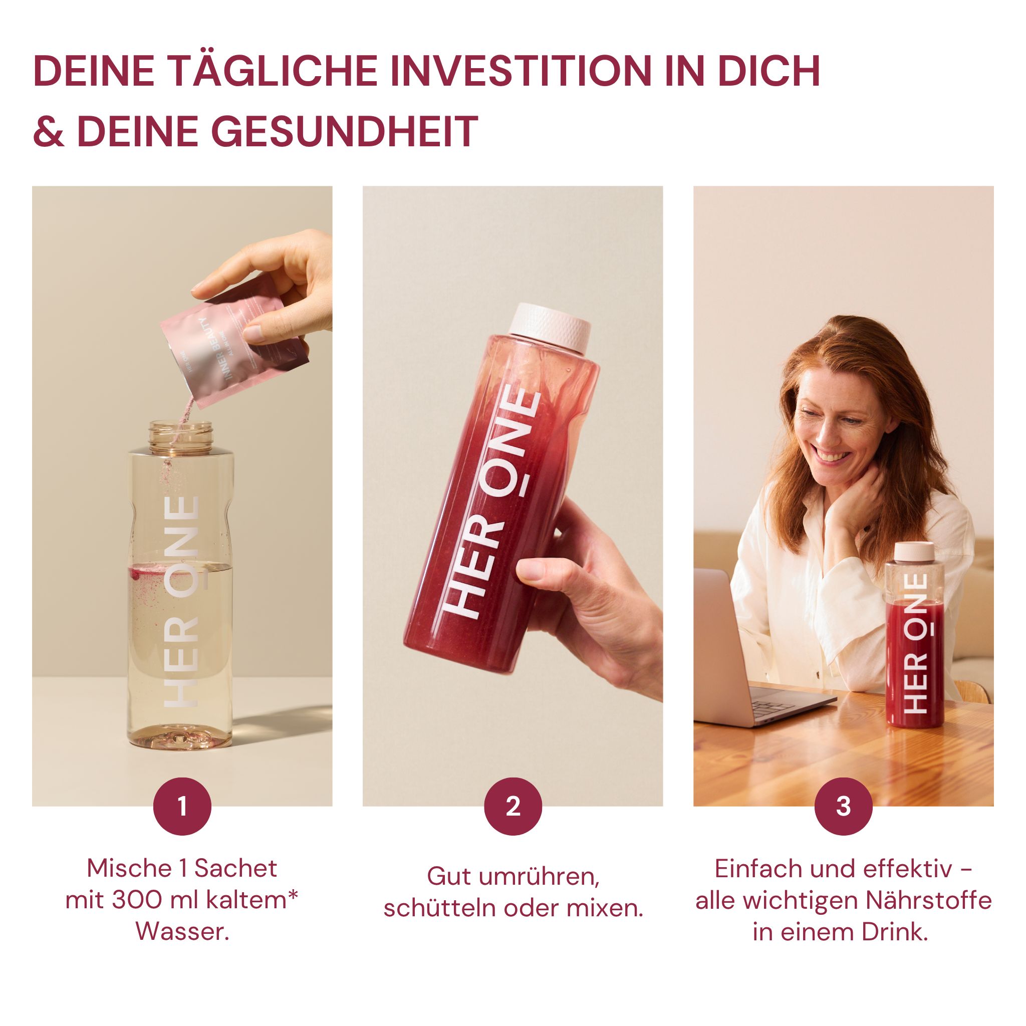 Drei Bilder zeigen: Pulver in Wasser, Getränk in Flasche, Frau mit Laptop und Getränk. Text über Gesundheit.