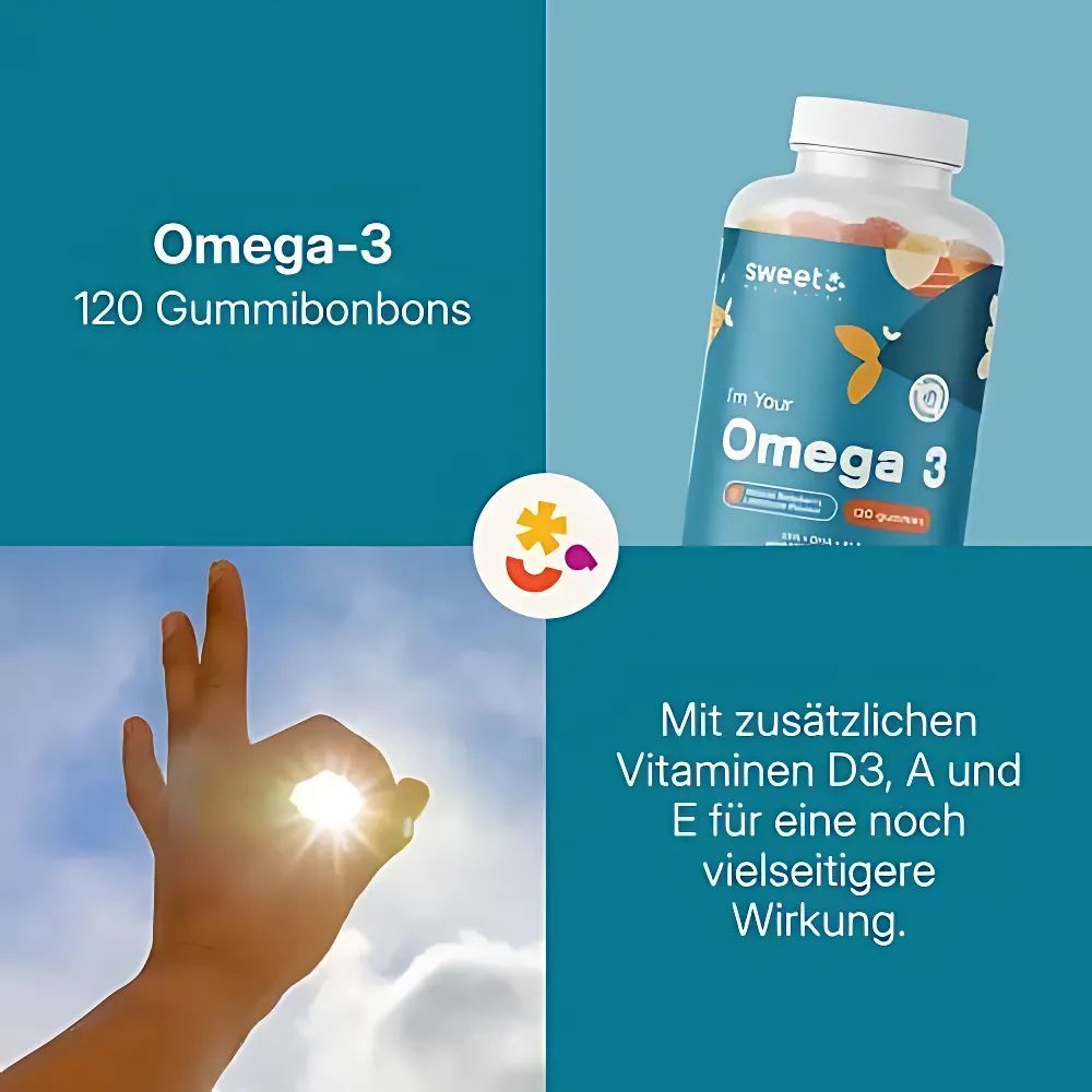 Produktflasche mit Omega-3 Gummibonbons. Text: Omega-3, 120 Gummibonbons. Hand formt Kreis. Text: Mit Vitaminen D3, A und E.