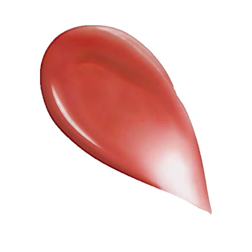 Farbprobe eines Lippenprodukts in Rosé-Rot. Tropfenförmig, glänzend, auf weißem Hintergrund.