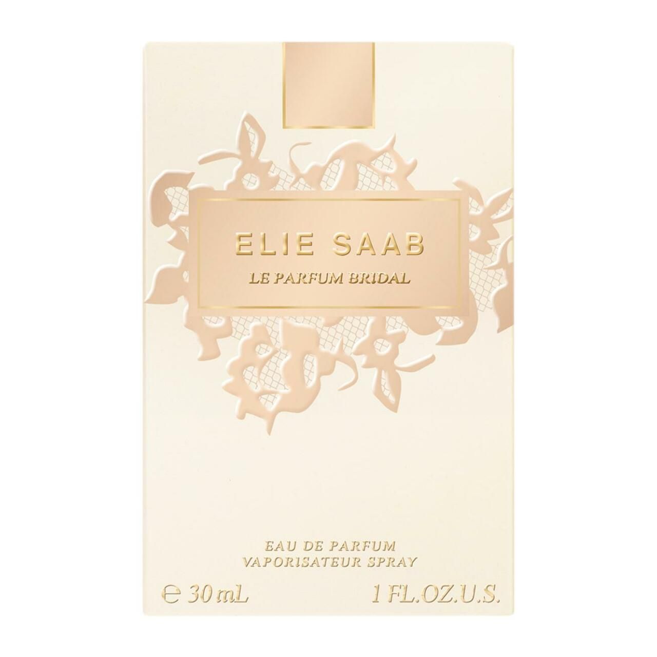 Verpackung von Elie Saab, Le Parfum Bridal. Beige mit floralem Design. Aufschrift: Elie Saab, Le Parfum Bridal.