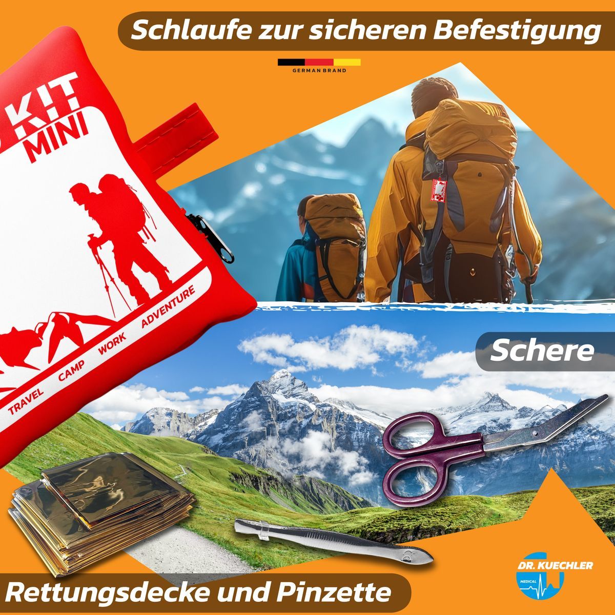Erste-Hilfe-Tasche mit Schlaufe. Szenen: Wanderer, Berge. Zubehör: Schere, Rettungsdecke, Pinzette. Logo: Dr. Kuechler.