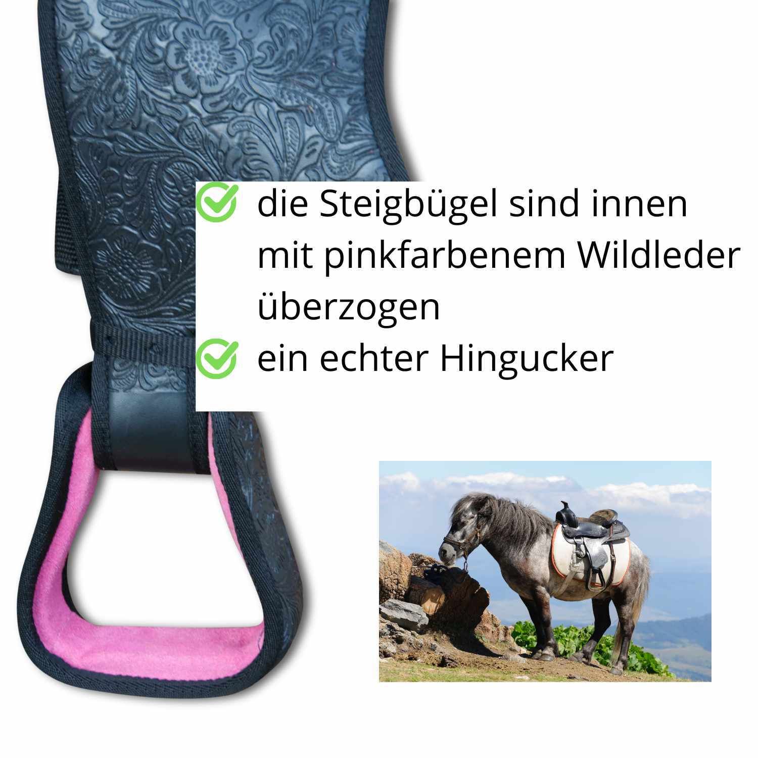 Detailansicht des Steigbügels. Innen mit pinkfarbenem Wildleder. Kleines Bild eines Ponys mit Sattel.