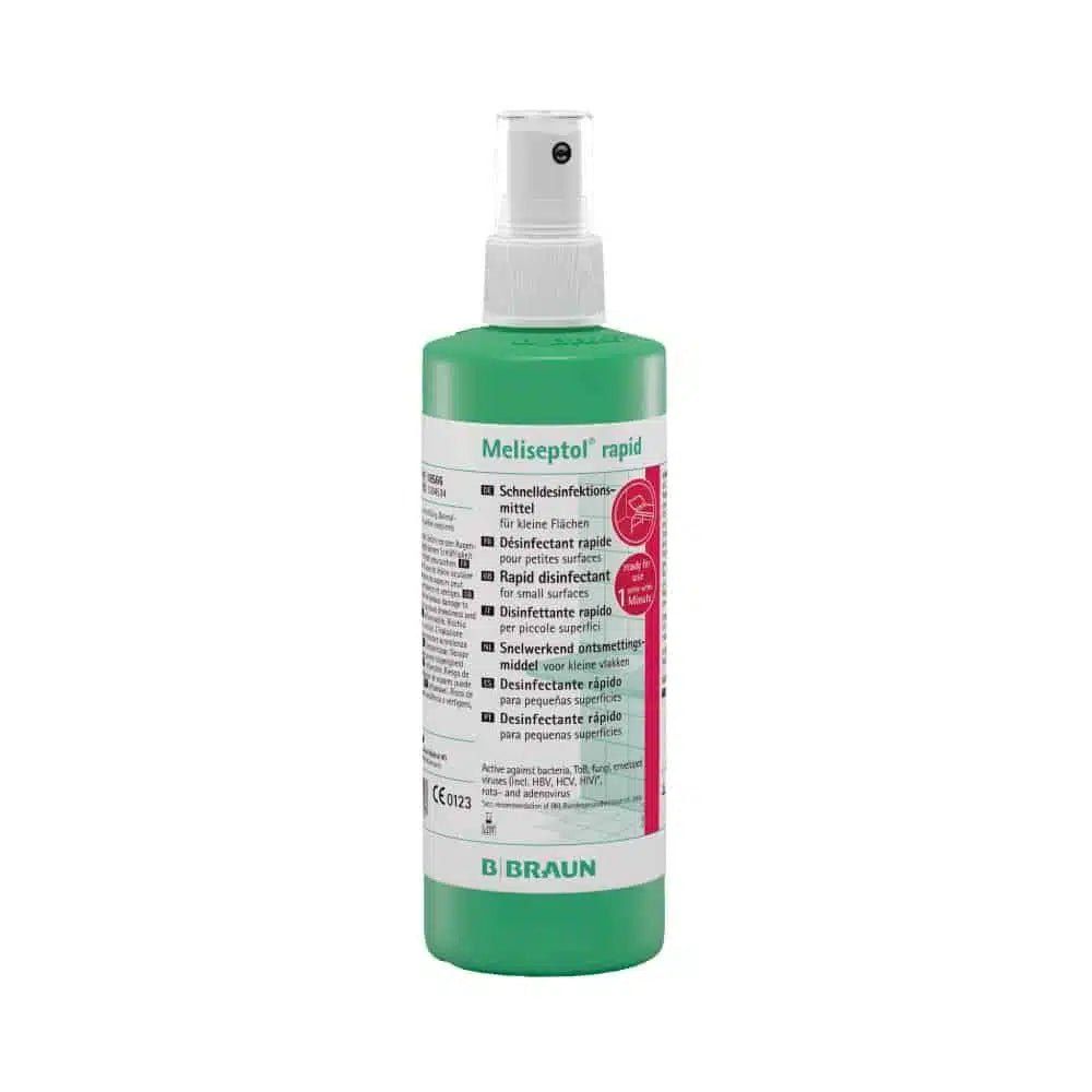 Grüne Sprühflasche mit weißem Sprühkopf. Beschriftung: Meliseptol rapid, B. Braun. Produkt zur Schnelldesinfektion.