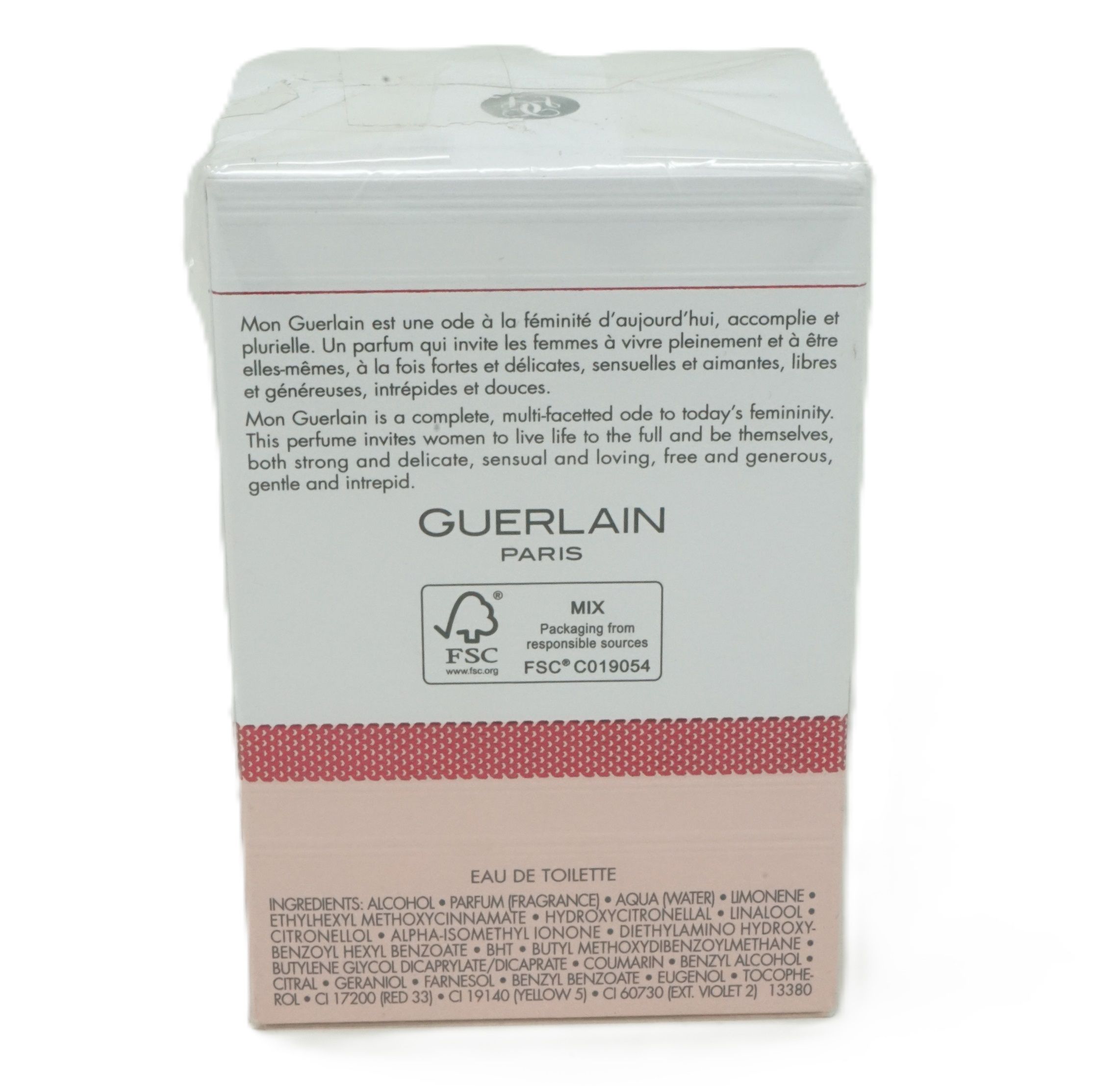 Rückseite der Verpackung von Mon Guerlain Eau de Toilette. Text in mehreren Sprachen. FSC-Zertifizierung. Inhaltsstoffe.