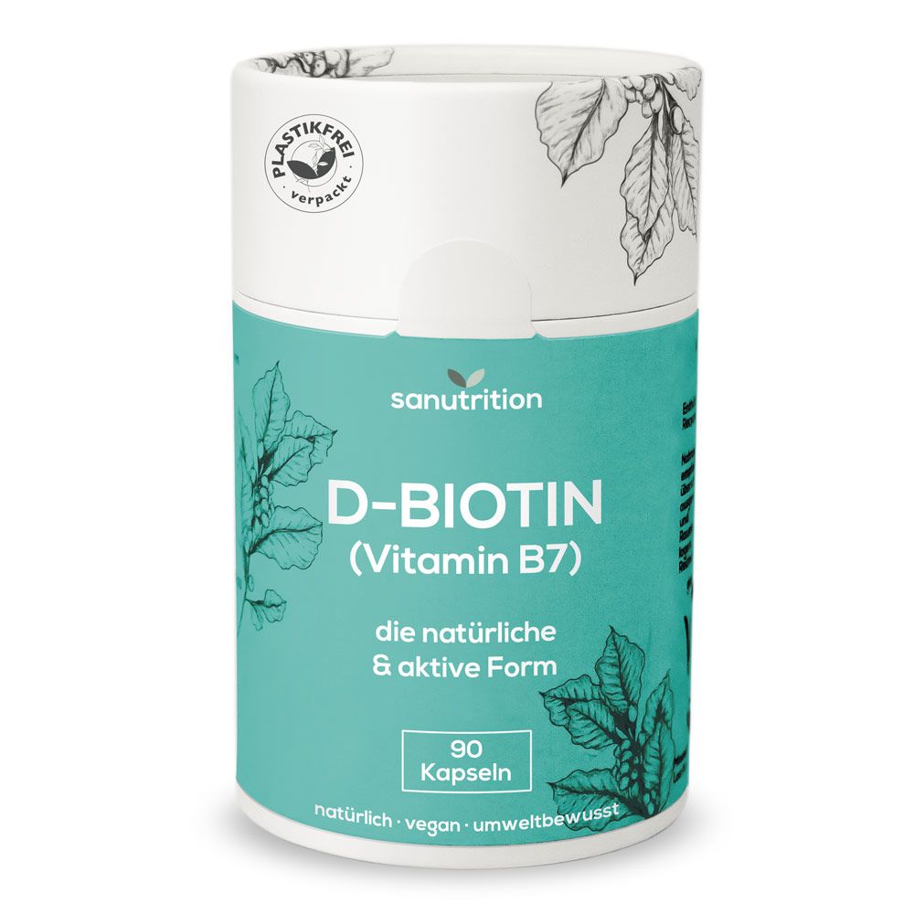 Zylindrische Dose Sanutrition D-Biotin (Vitamin B7). Türkis-weiße Verpackung mit Produktinformationen und Blättermuster. 90 Kapseln.