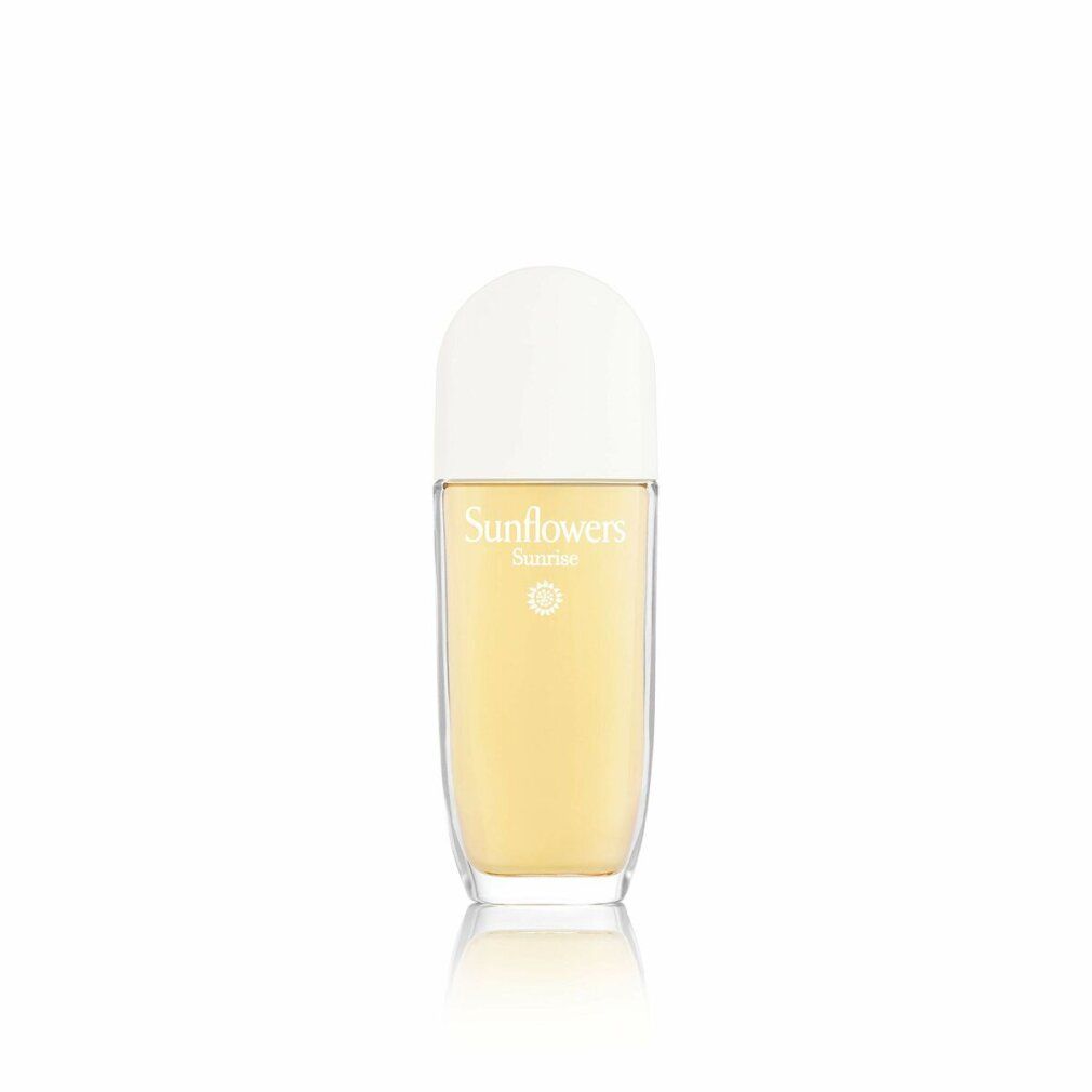 Flakon Elizabeth Arden Sunflowers Sunrise. Flakon mit weißem Deckel, gelber Flüssigkeit. Aufschrift Sunflowers Sunrise.