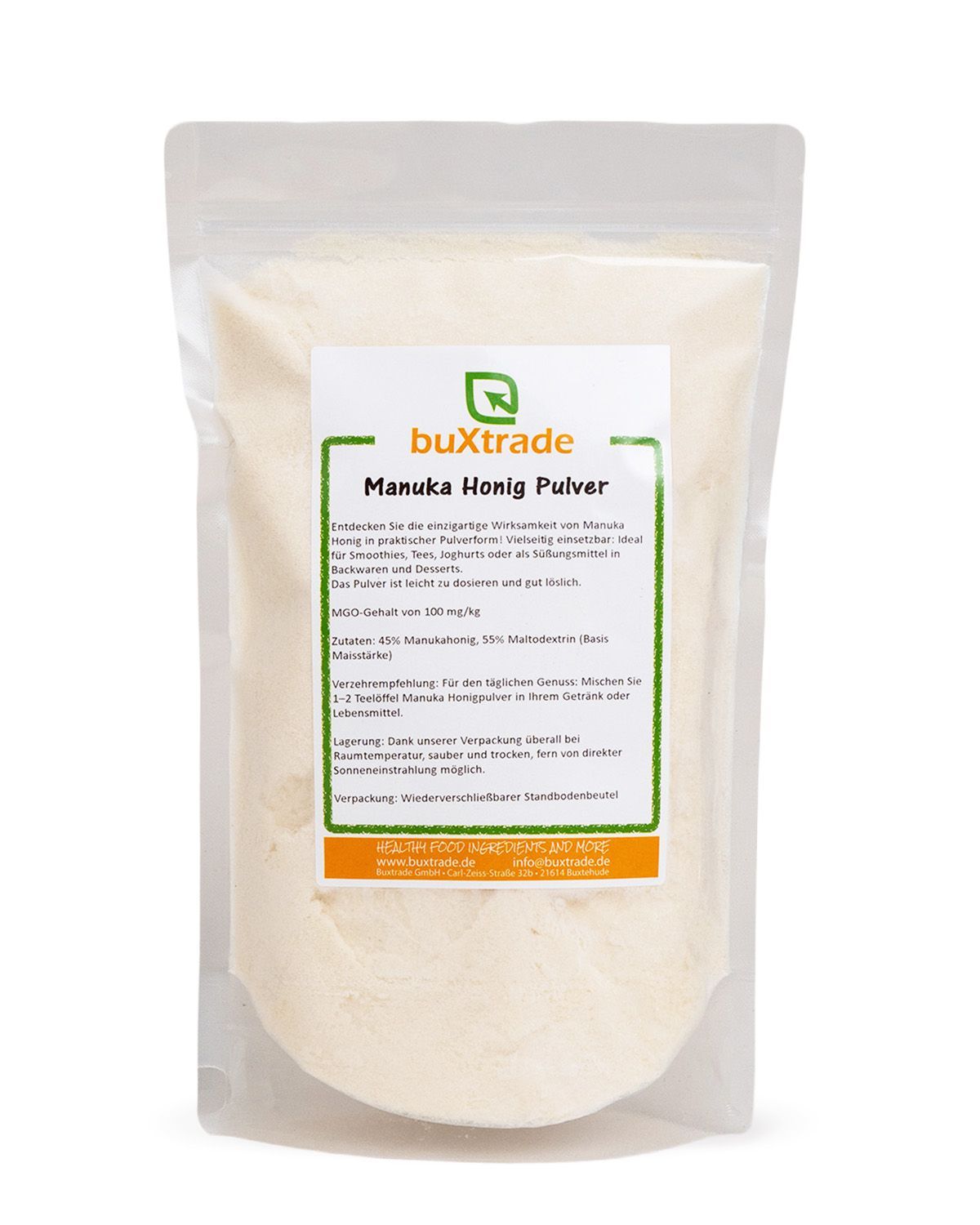 Ein weißer Beutel mit buXtrade Manuka Honig Pulver. Das Etikett enthält Details zu Inhaltsstoffen und Anwendung.