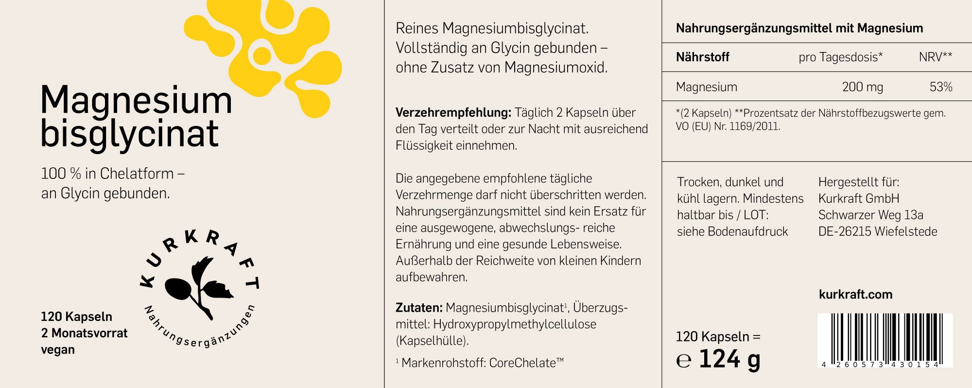 Rückseite der Magnesiumbisglycinat-Flasche mit detaillierten Produktinformationen.