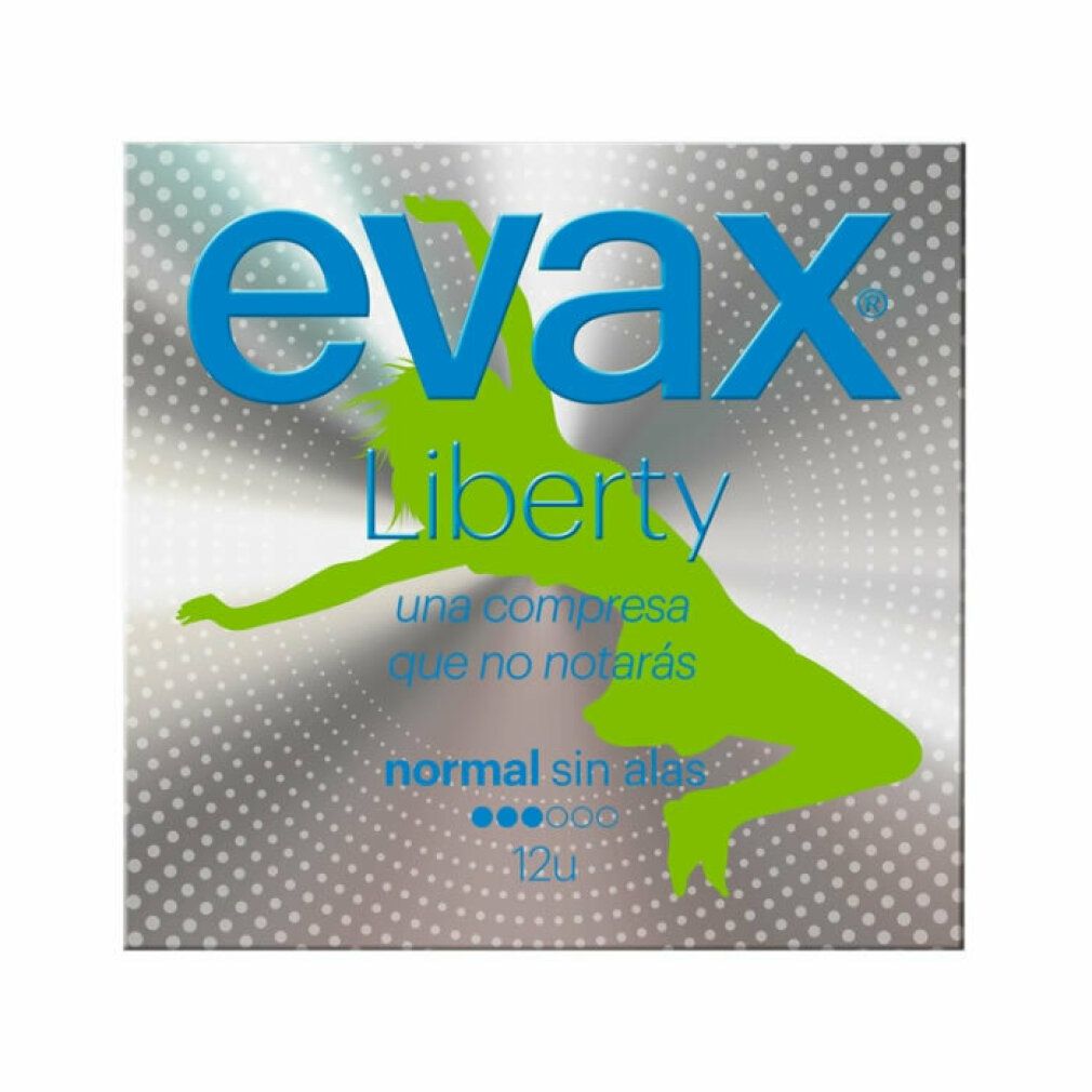 Quadratische Verpackung von Evax Liberty Normal. Aufschrift: Evax Liberty, grüne Figur, 'normal sin alas', '12u'.