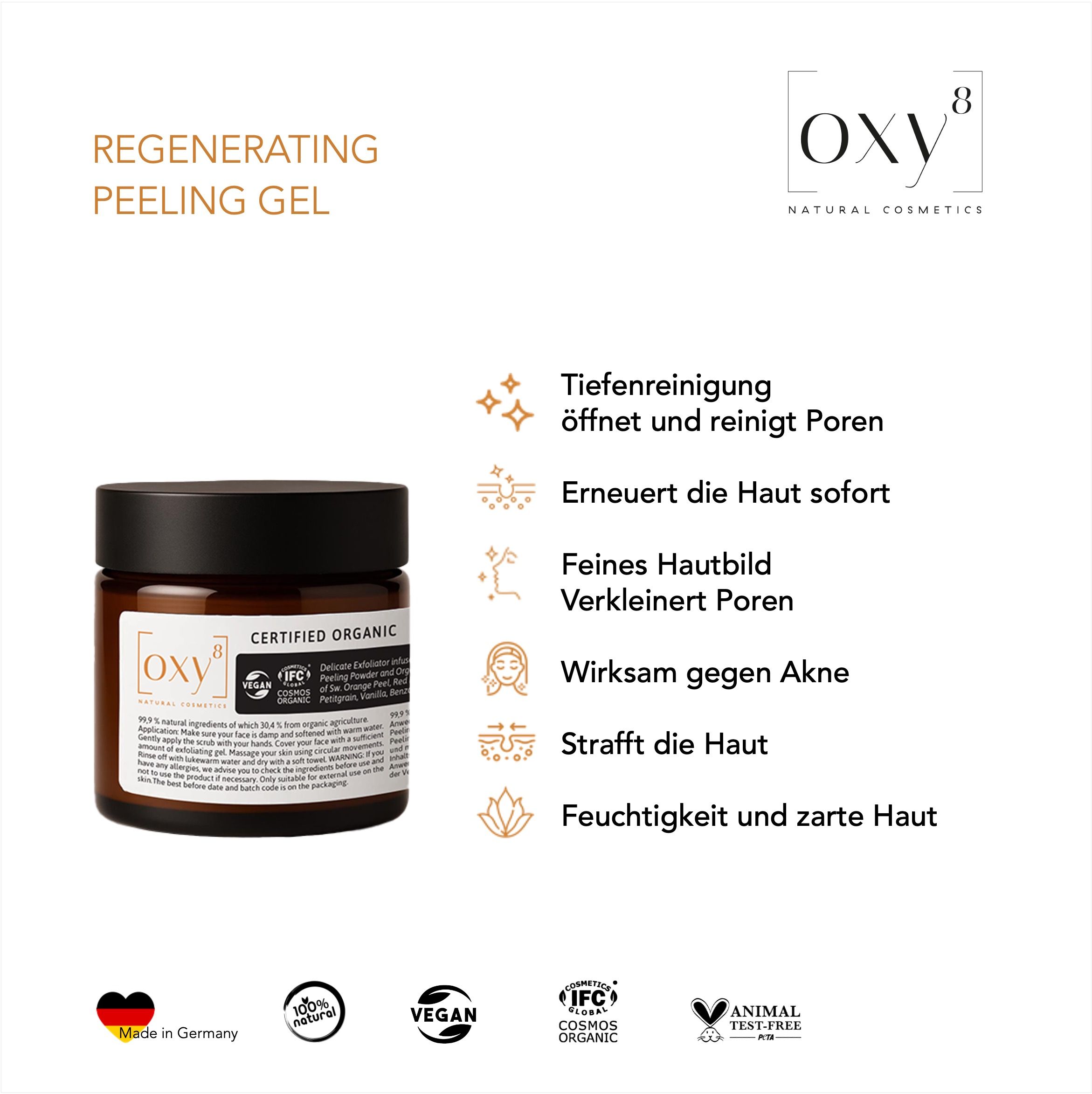 Produktverpackung mit Text und Icons. Logo von oxy8 Naturkosmetik. Aufschrift: REGENERATING PEELING GEL.